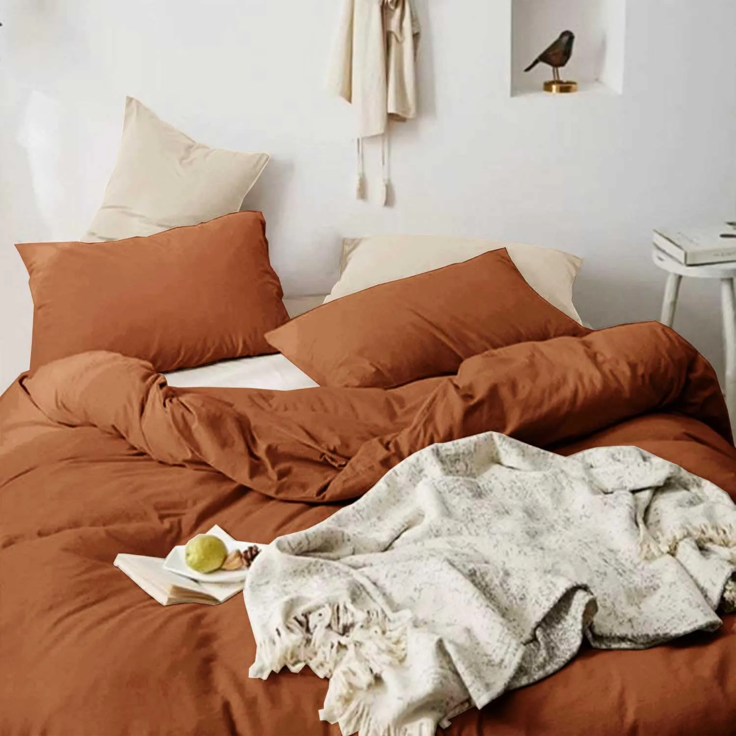 Boho Comforter Full Size Burnt Orange, 3 Piece Soft Terracota Modern Bedding Set, Lightweight Caramel Rust All Season Bed Quilt Blanket with 2 Pillow Shams for Women Men