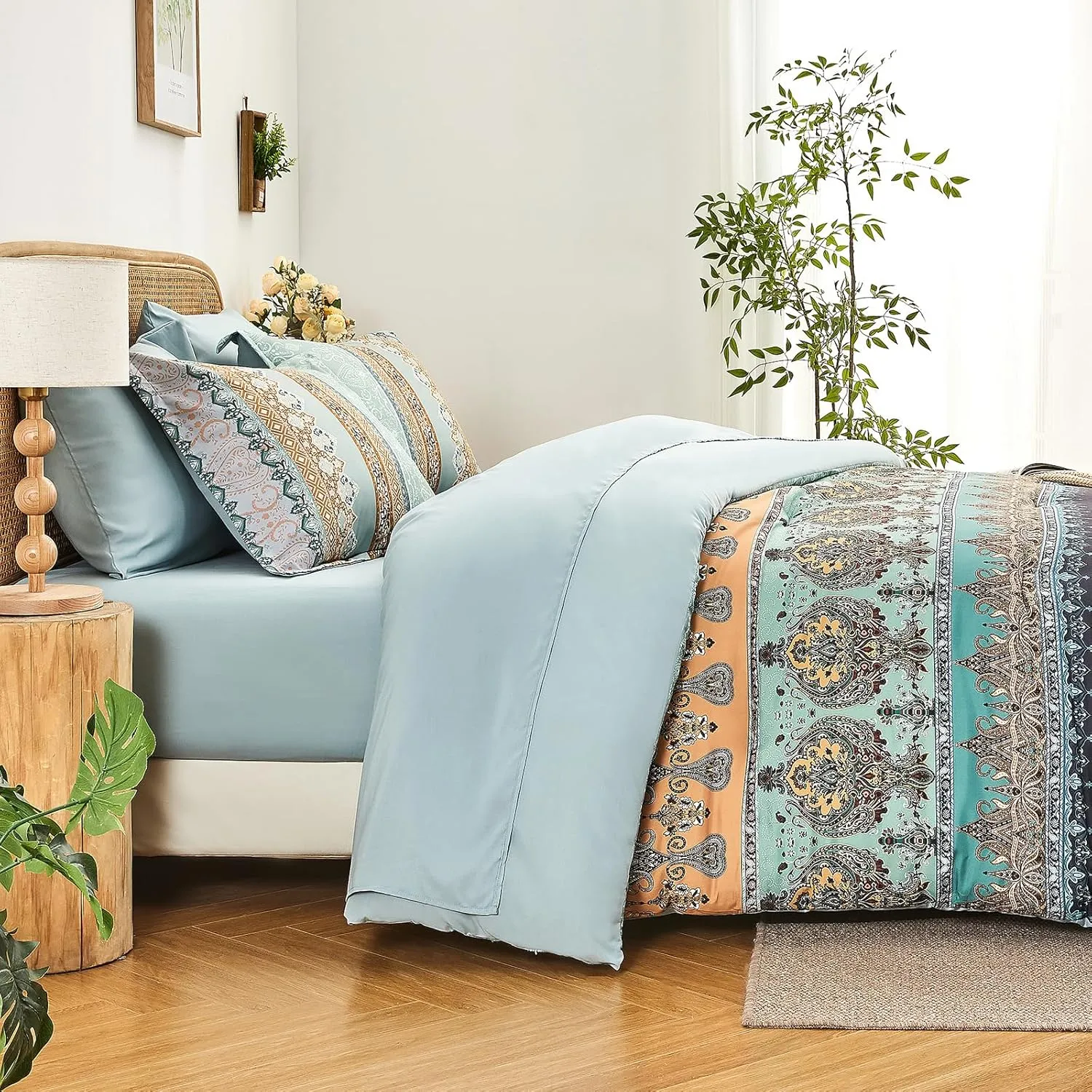 Boho Comforter Set Queen - 7 Pieces Bed in a Bag, Bohemian Striped Comforter Set with Sheets, Soft Microfiber Sage Green Floral Bedding Set for All Season