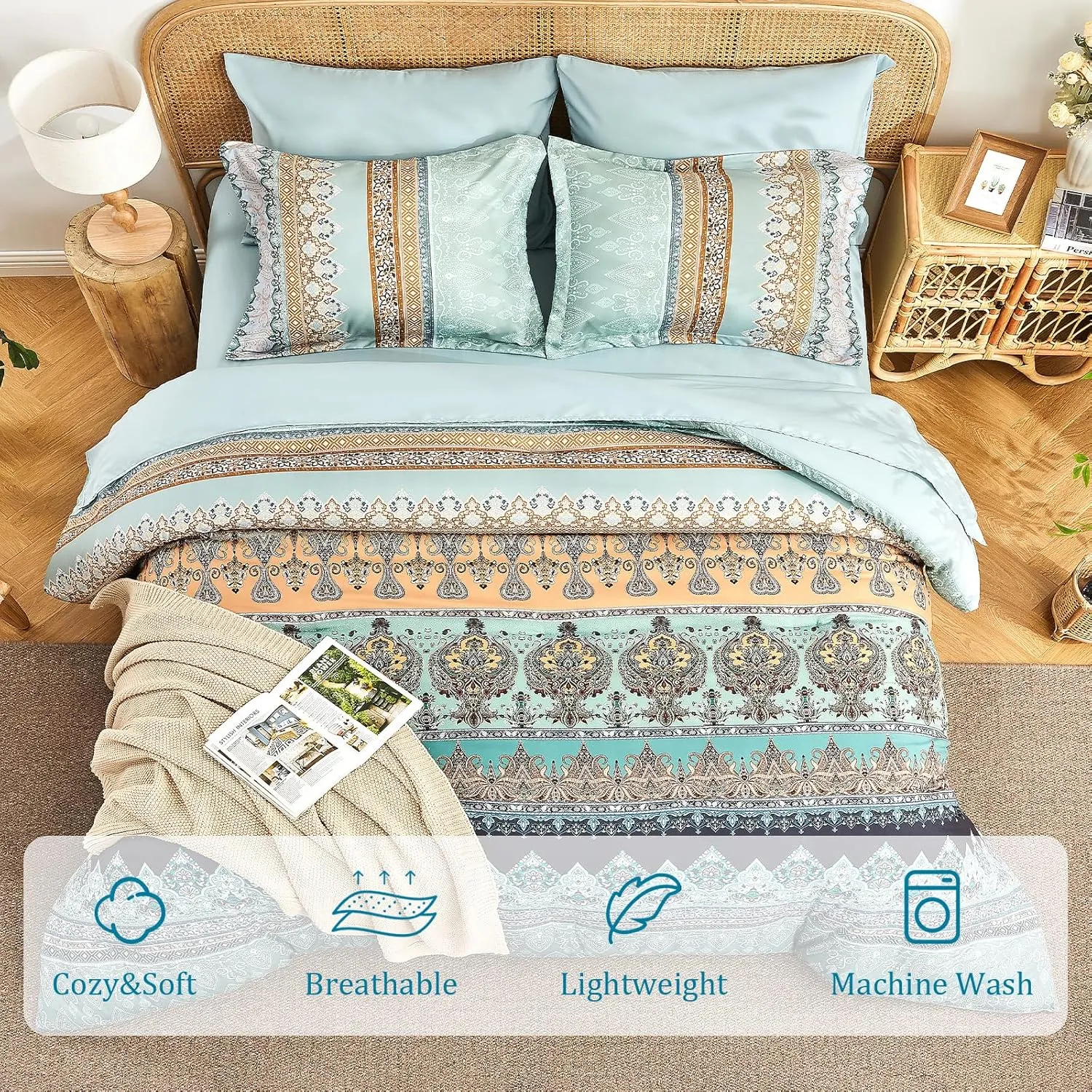 Boho Comforter Set Queen - 7 Pieces Bed in a Bag, Bohemian Striped Comforter Set with Sheets, Soft Microfiber Sage Green Floral Bedding Set for All Season