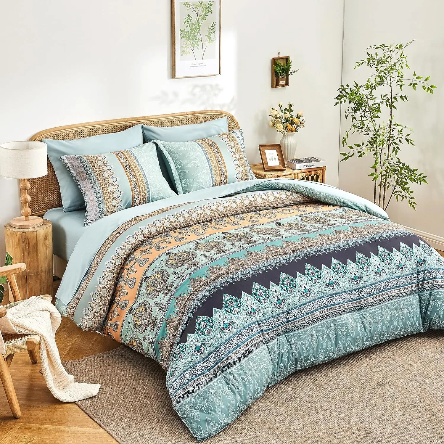 Boho Comforter Set Queen - 7 Pieces Bed in a Bag, Bohemian Striped Comforter Set with Sheets, Soft Microfiber Sage Green Floral Bedding Set for All Season