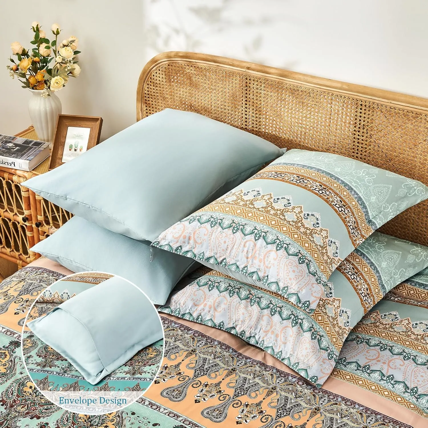 Boho Comforter Set Queen - 7 Pieces Bed in a Bag, Bohemian Striped Comforter Set with Sheets, Soft Microfiber Sage Green Floral Bedding Set for All Season