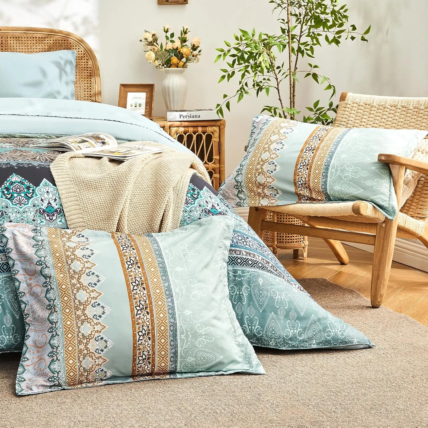 Boho Comforter Set Queen - 7 Pieces Bed in a Bag, Bohemian Striped Comforter Set with Sheets, Soft Microfiber Sage Green Floral Bedding Set for All Season