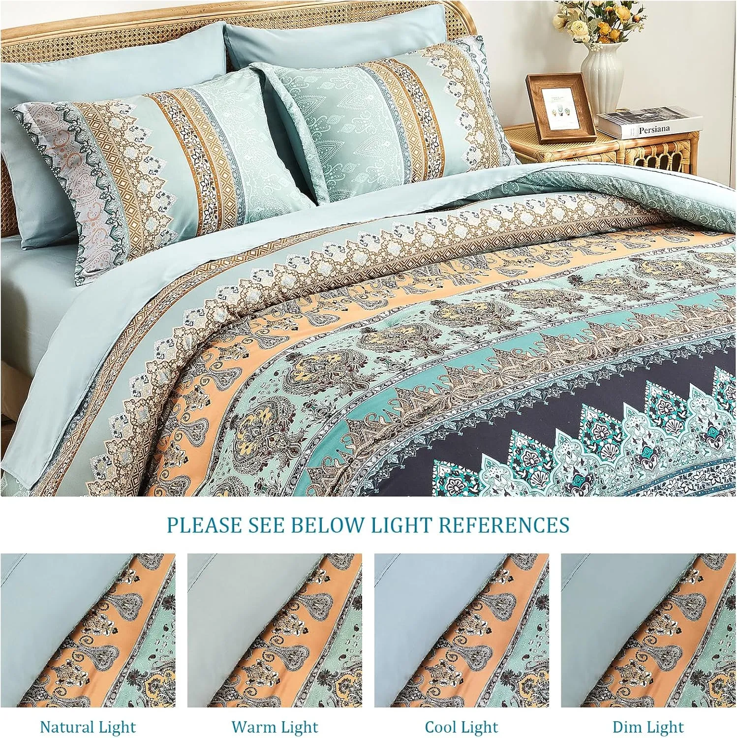 Boho Comforter Set Queen - 7 Pieces Bed in a Bag, Bohemian Striped Comforter Set with Sheets, Soft Microfiber Sage Green Floral Bedding Set for All Season