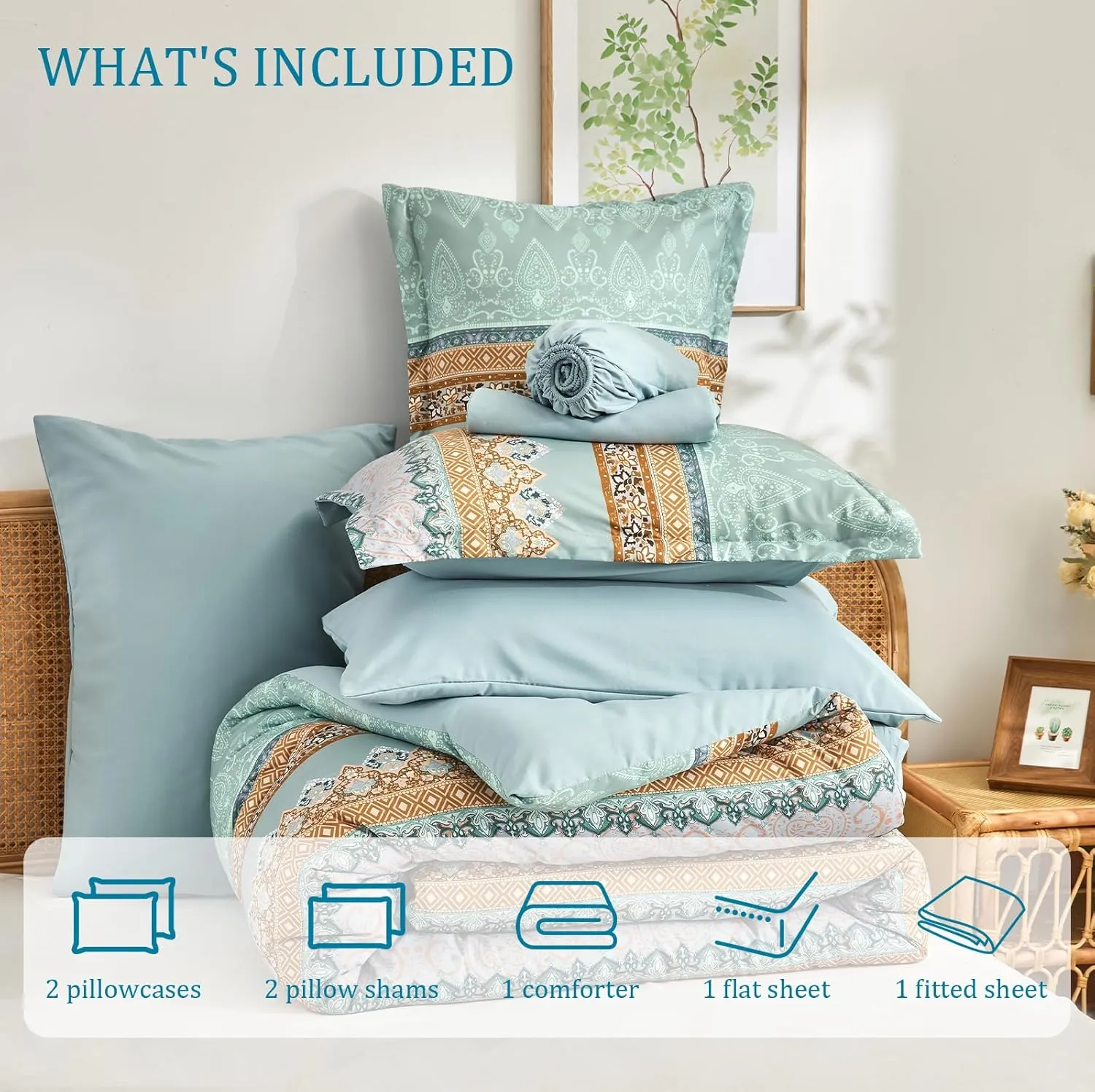 Boho Comforter Set Queen - 7 Pieces Bed in a Bag, Bohemian Striped Comforter Set with Sheets, Soft Microfiber Sage Green Floral Bedding Set for All Season