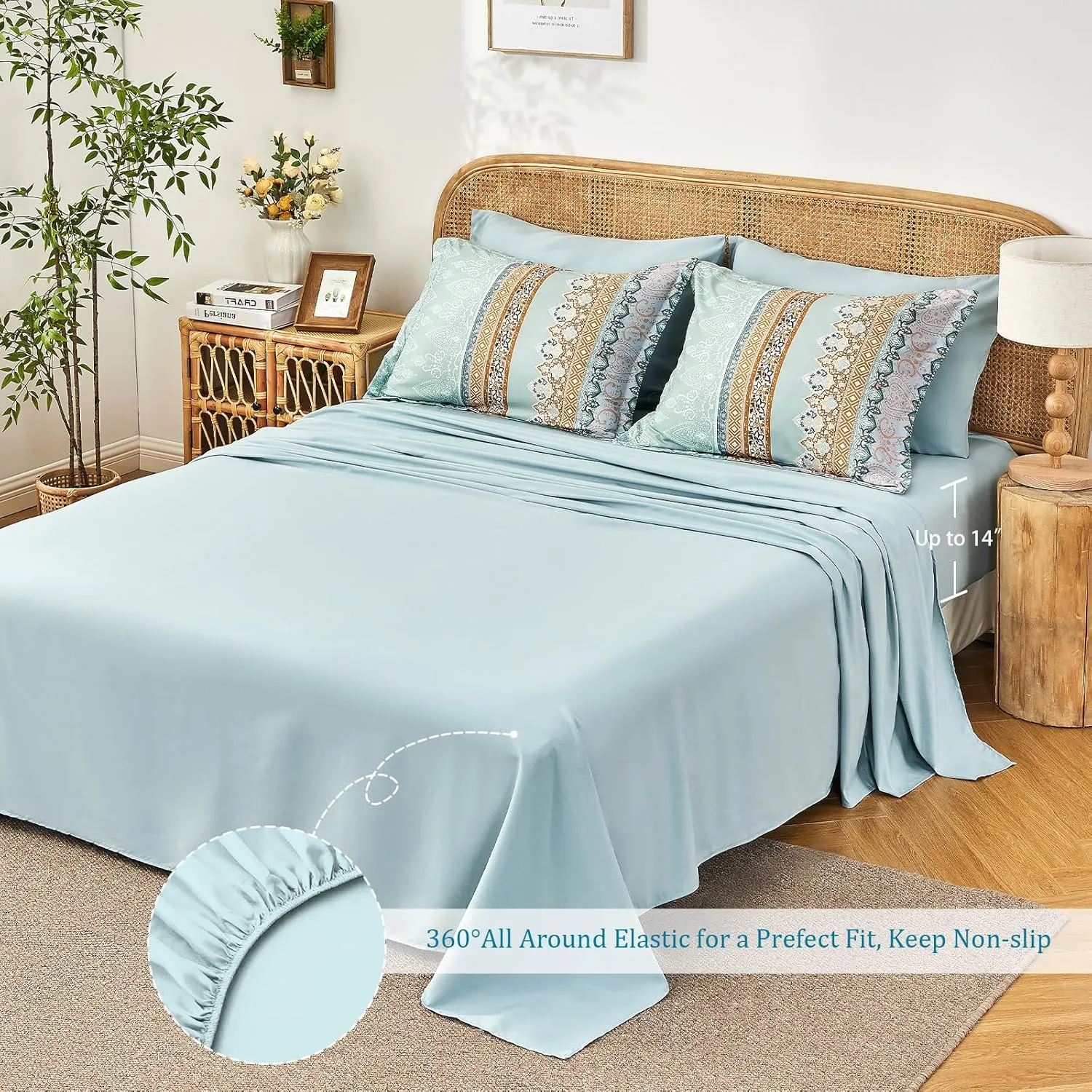 Boho Comforter Set Queen - 7 Pieces Bed in a Bag, Bohemian Striped Comforter Set with Sheets, Soft Microfiber Sage Green Floral Bedding Set for All Season