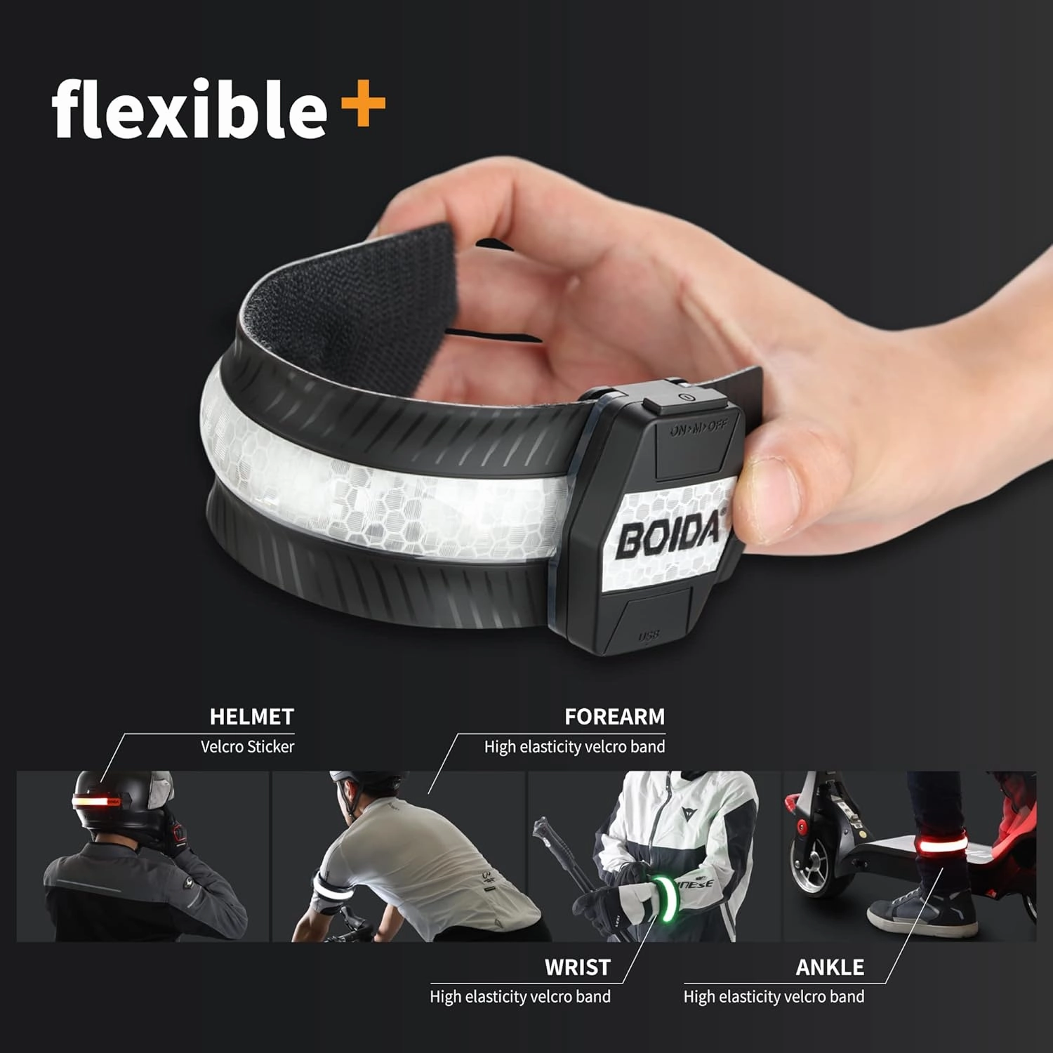 BOIDA LED Reflective Band 1pcs - High Visibility Gear for Running,Bike, Camping, Walking & Cycling | USB Rechargeable | Safer Than a Reflective Vest | Orange,Orange,Green,White