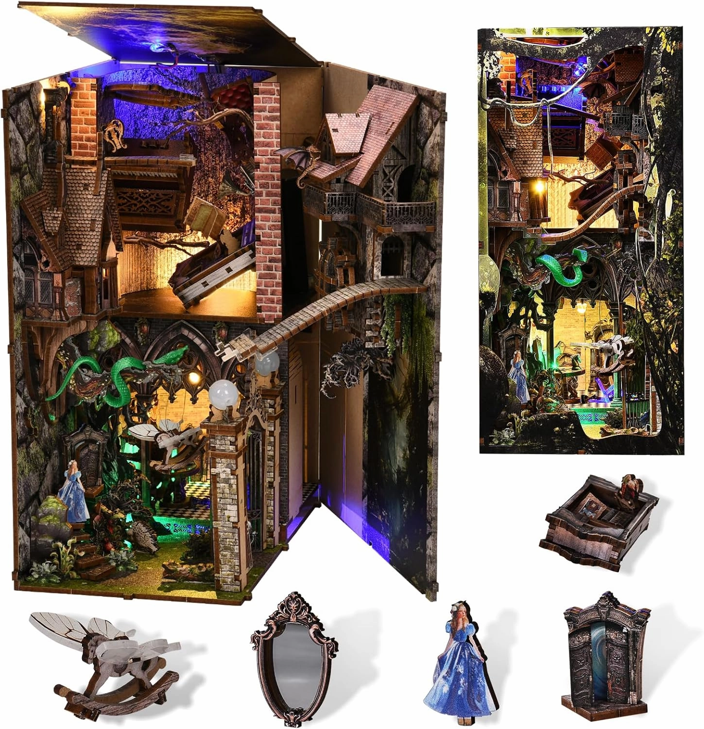 Book Nook Kit, Booknook Kit with Dust Cover for Adult DIY Miniature House Kit 3D Wooden Puzzle Decorative Bookend Bookshelf Decor Gift for Women Teens (Alice Down The Rabbit Hole)