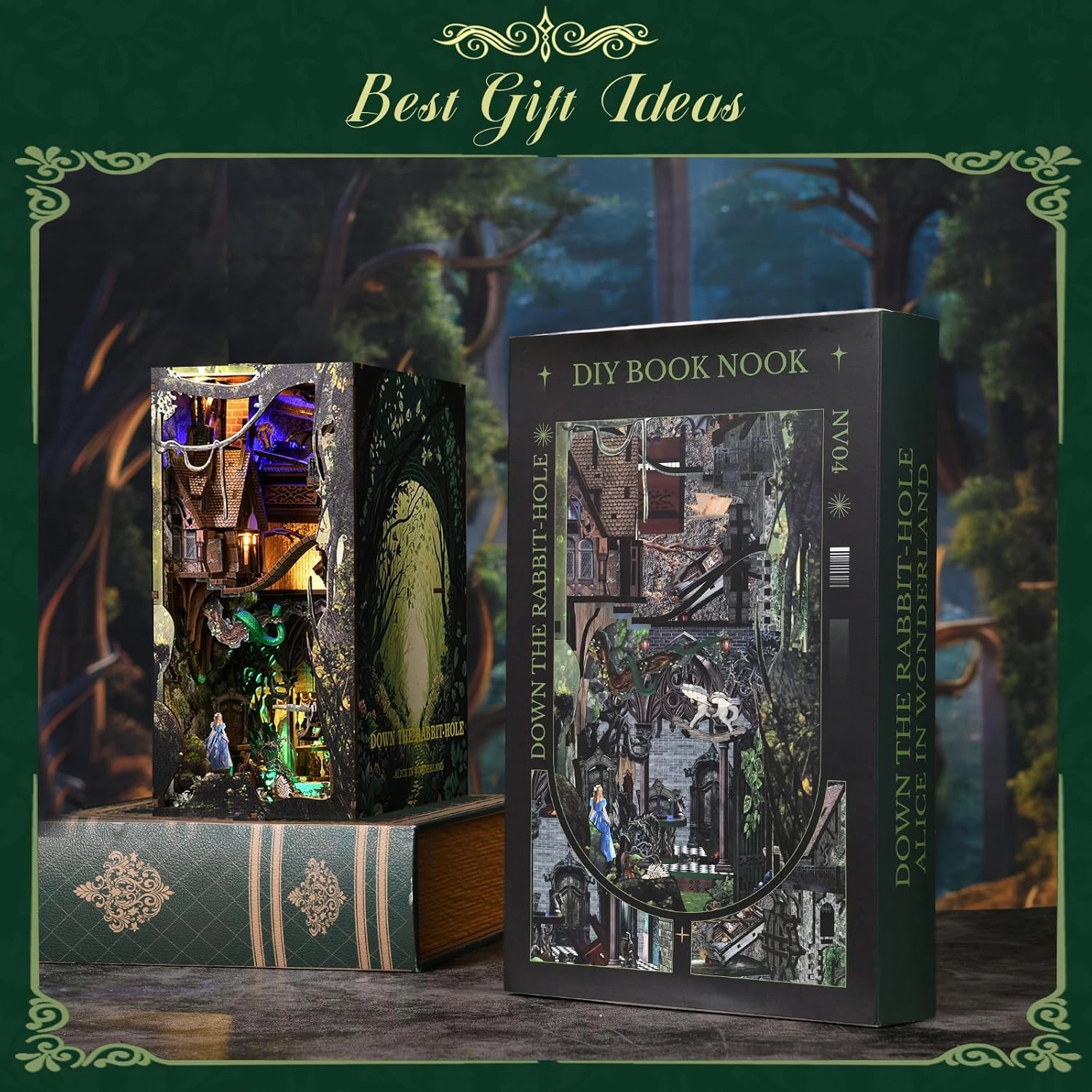 Book Nook Kit, Booknook Kit with Dust Cover for Adult DIY Miniature House Kit 3D Wooden Puzzle Decorative Bookend Bookshelf Decor Gift for Women Teens (Alice Down The Rabbit Hole)