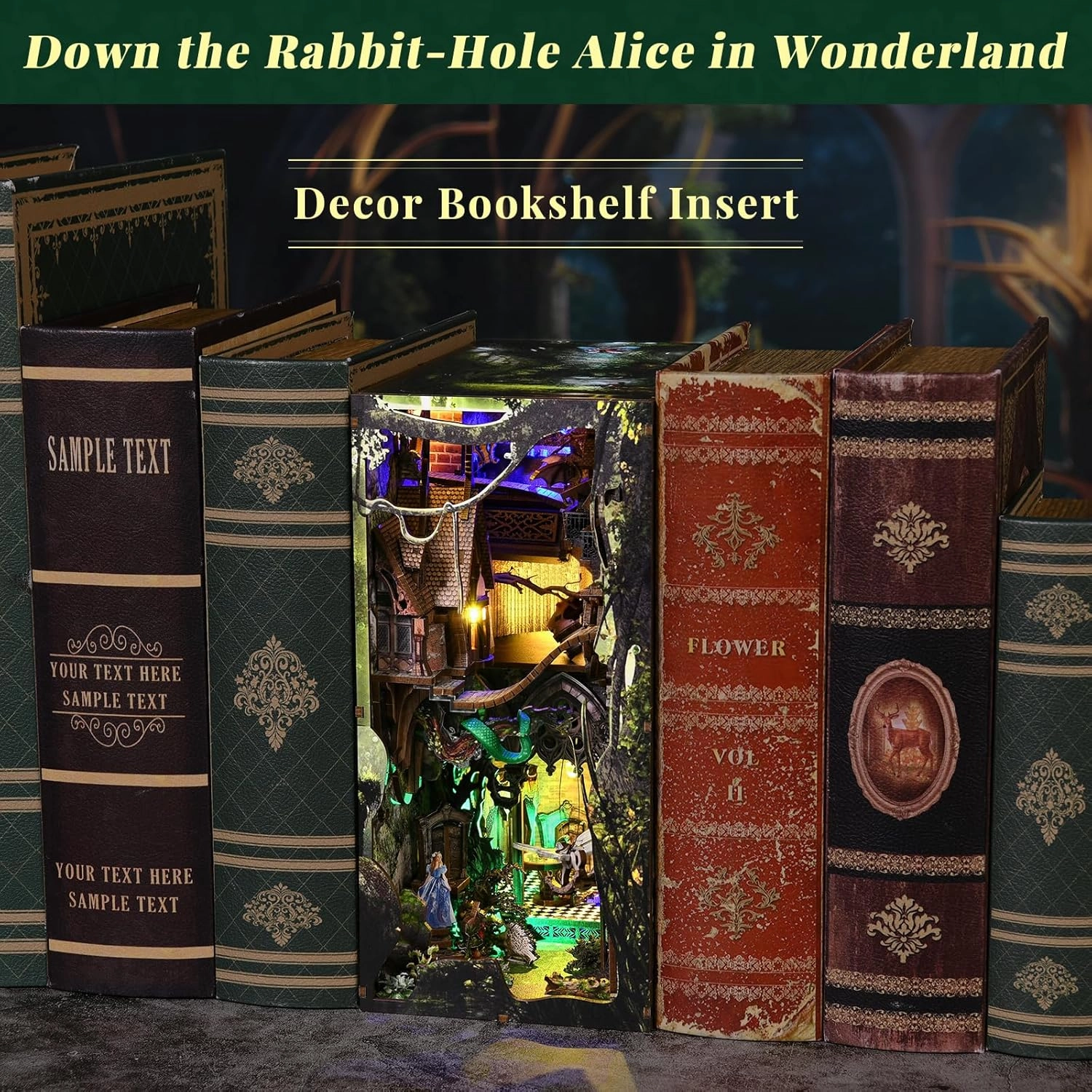 Book Nook Kit, Booknook Kit with Dust Cover for Adult DIY Miniature House Kit 3D Wooden Puzzle Decorative Bookend Bookshelf Decor Gift for Women Teens (Alice Down The Rabbit Hole)