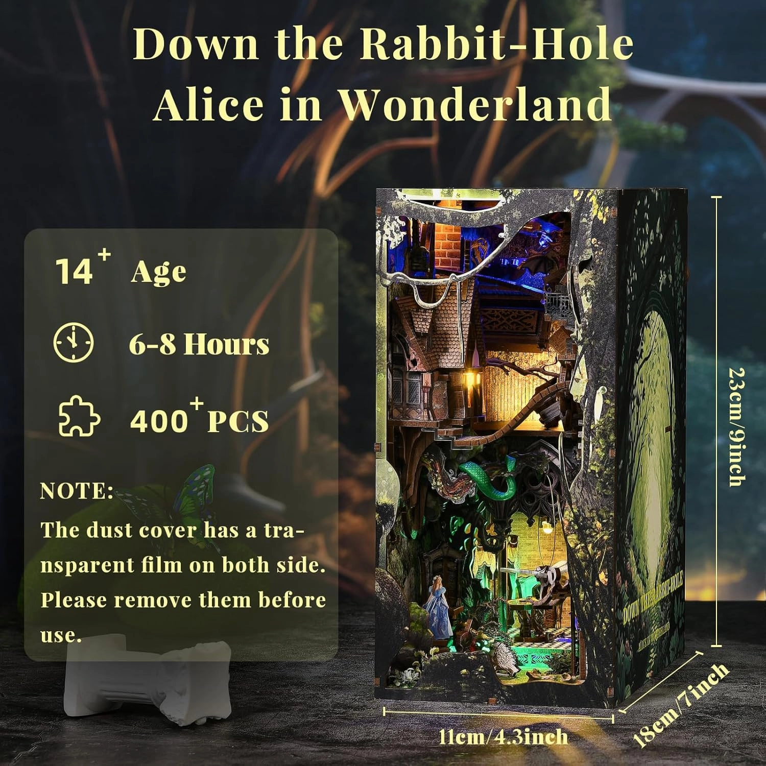 Book Nook Kit, Booknook Kit with Dust Cover for Adult DIY Miniature House Kit 3D Wooden Puzzle Decorative Bookend Bookshelf Decor Gift for Women Teens (Alice Down The Rabbit Hole)