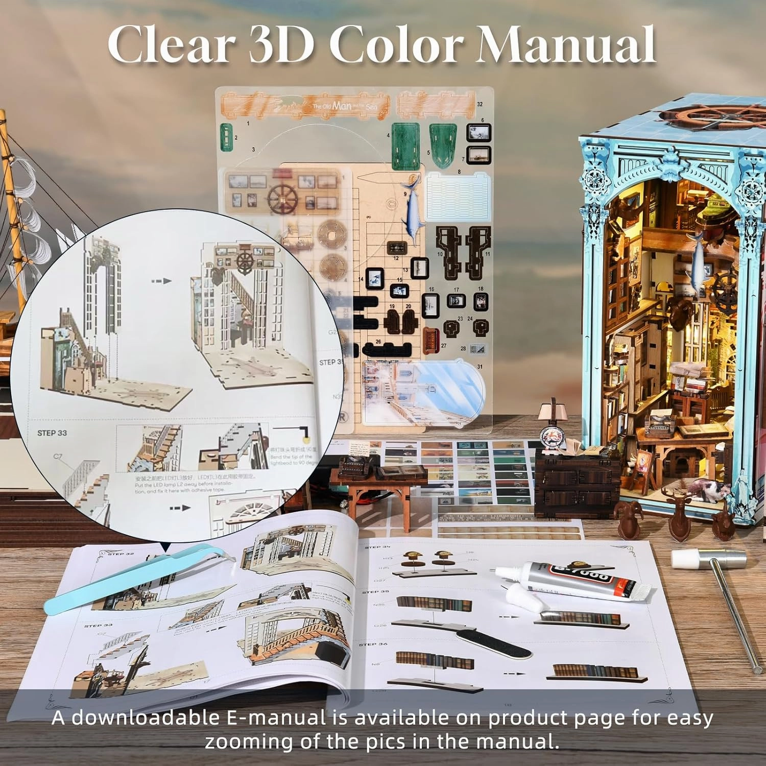 Book Nook Kit, DIY Dollhouse Booknook, Book Nook Miniature Kit for Bookshelf Insert Decor Crafts for Adults Teen Halloween, 3D Wooden Puzzle with Led Light (Hemingway House)