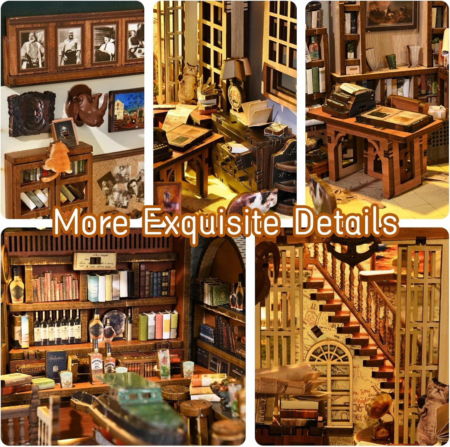 Book Nook Kit, DIY Dollhouse Booknook, Book Nook Miniature Kit for Bookshelf Insert Decor Crafts for Adults Teen Halloween, 3D Wooden Puzzle with Led Light (Hemingway House)