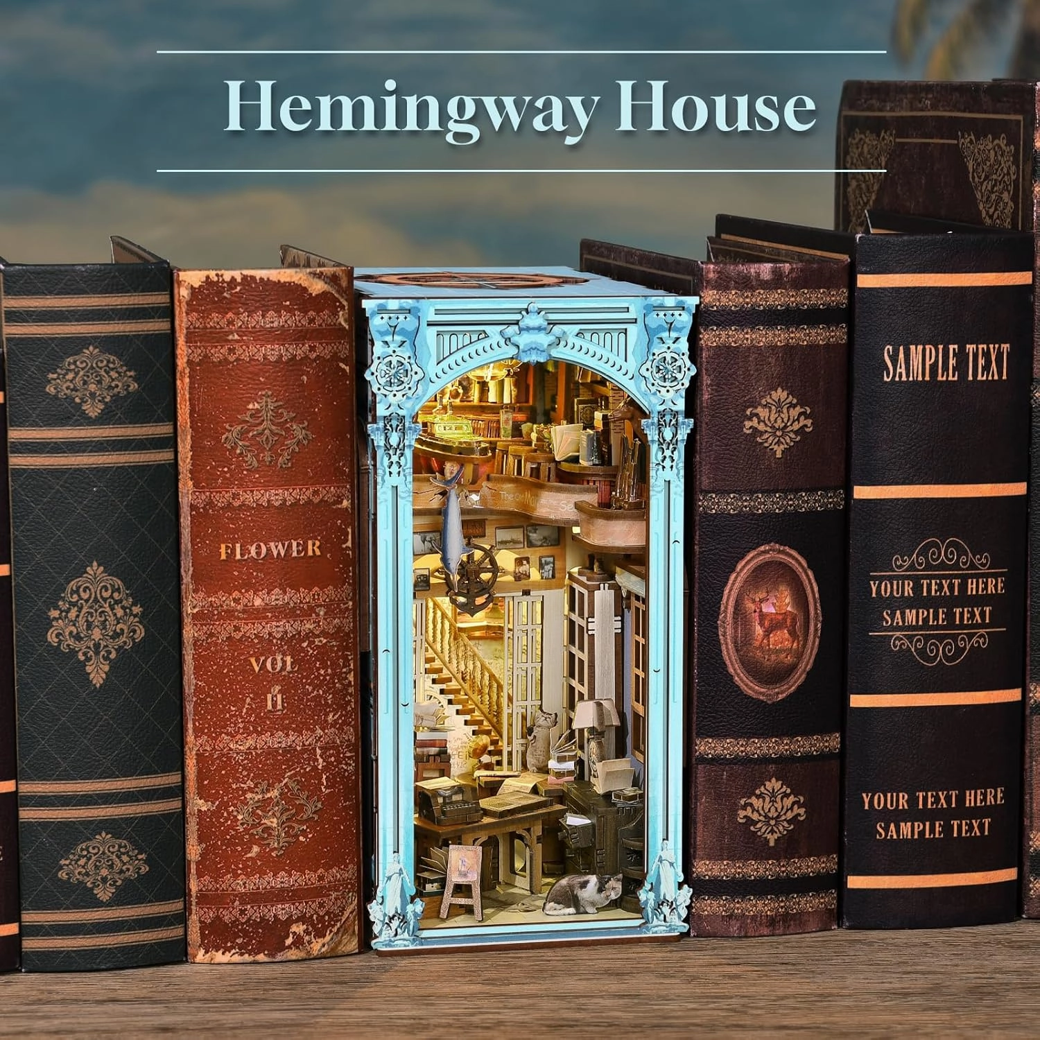 Book Nook Kit, DIY Dollhouse Booknook, Book Nook Miniature Kit for Bookshelf Insert Decor Crafts for Adults Teen Halloween, 3D Wooden Puzzle with Led Light (Hemingway House)