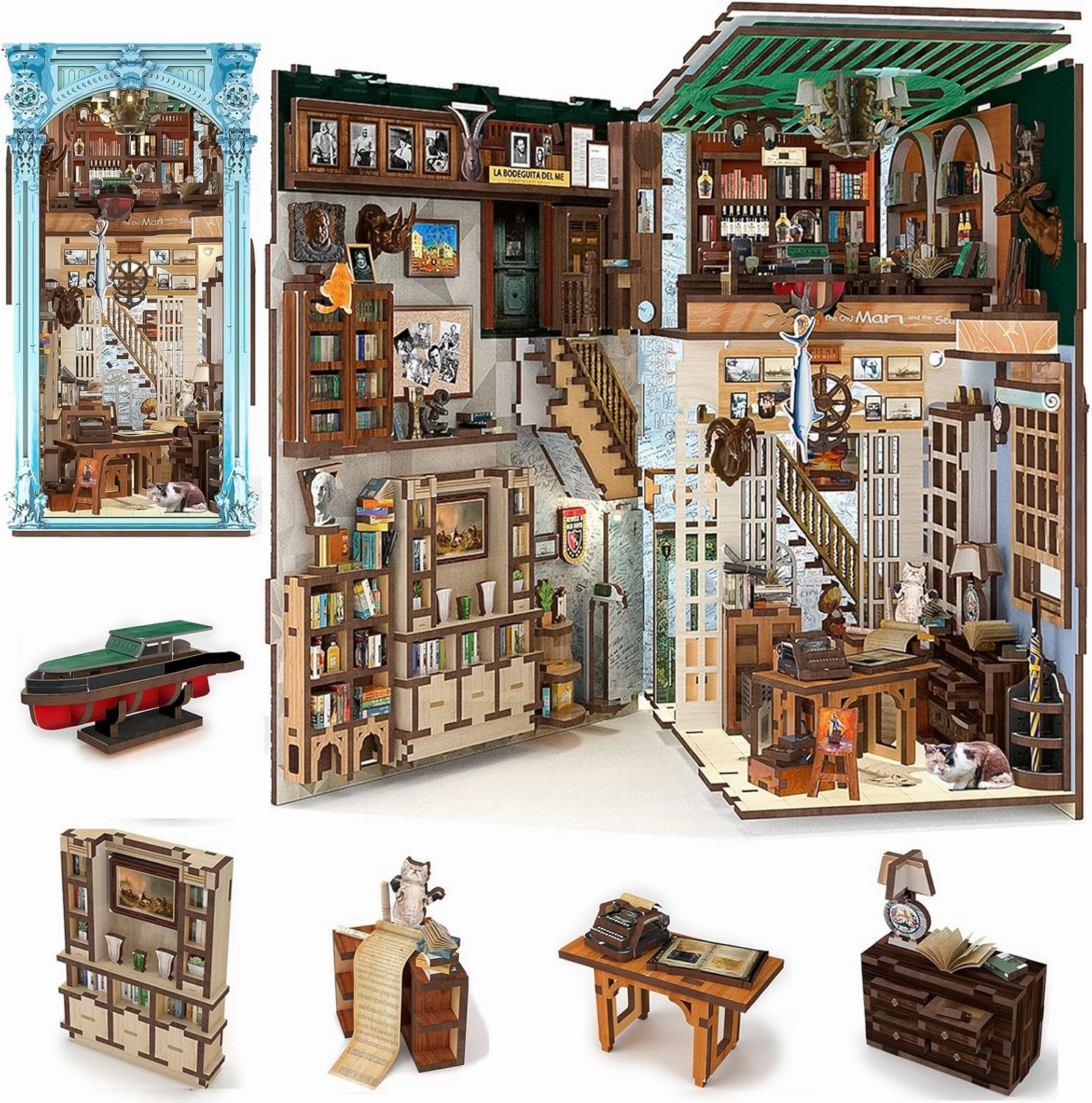 Book Nook Kit, DIY Dollhouse Booknook, Book Nook Miniature Kit for Bookshelf Insert Decor Crafts for Adults Teen Halloween, 3D Wooden Puzzle with Led Light (Hemingway House)
