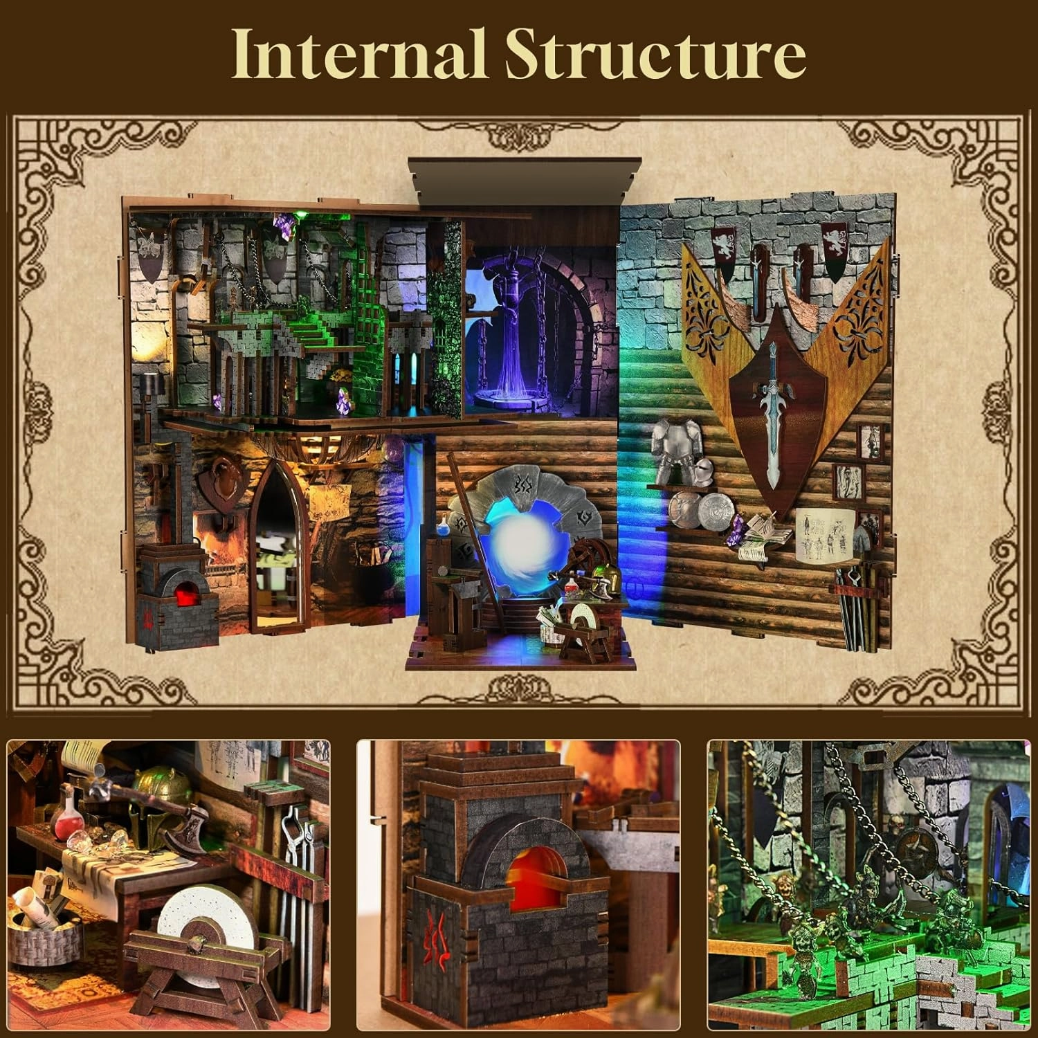 Book Nook Kit, DIY Dollhouse Booknook, Miniature Kit for Bookshelf Insert Decor Crafts for Adults Teen Halloween, 3D Wooden Puzzle with Led Light (Blade and Magic)