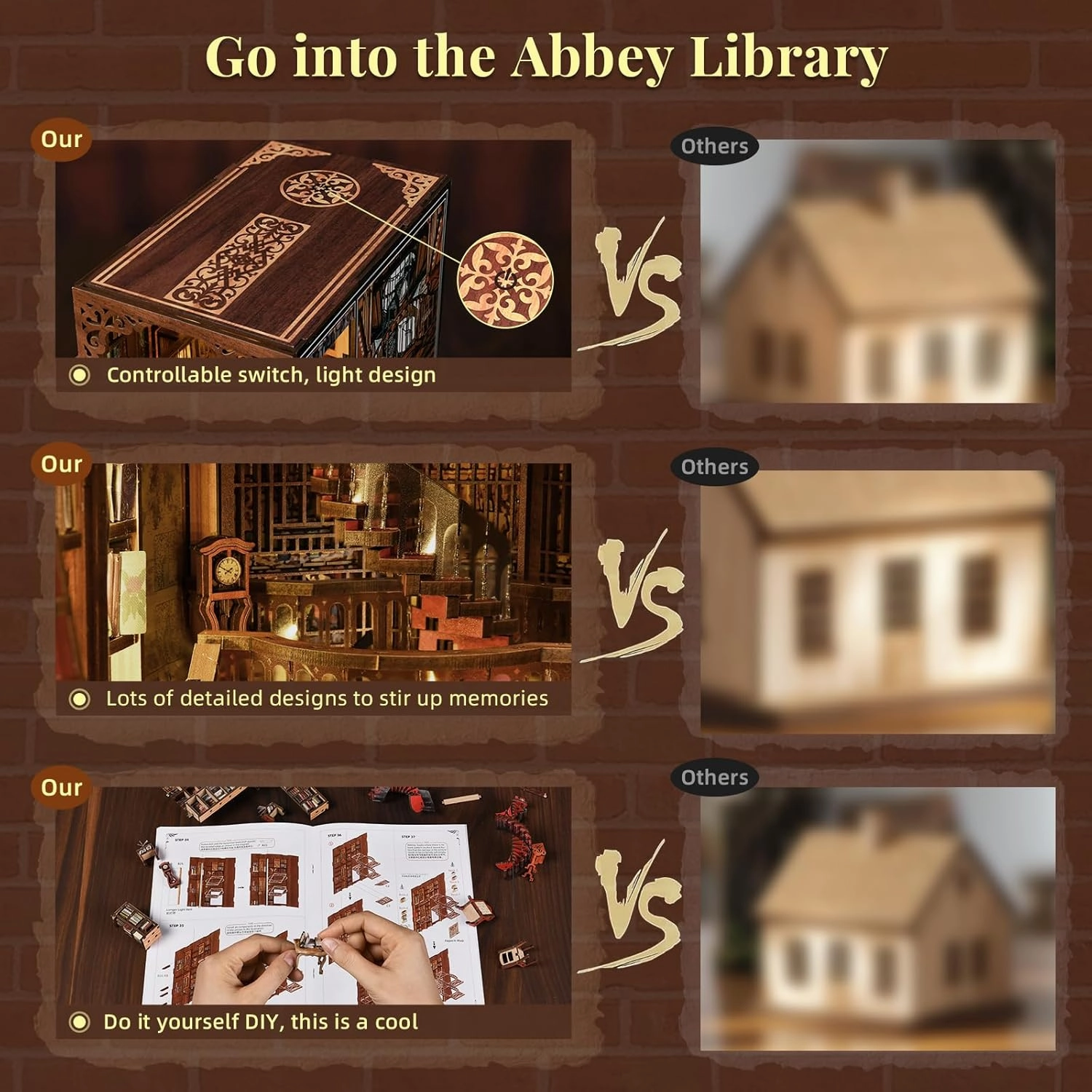 Book Nook Kit, DIY Miniature Dollhouse Booknook Kit, 3D Wooden Puzzle Bookend Bookshelf Insert Decor with LED Light for Teens and Adults (Abbey Library)