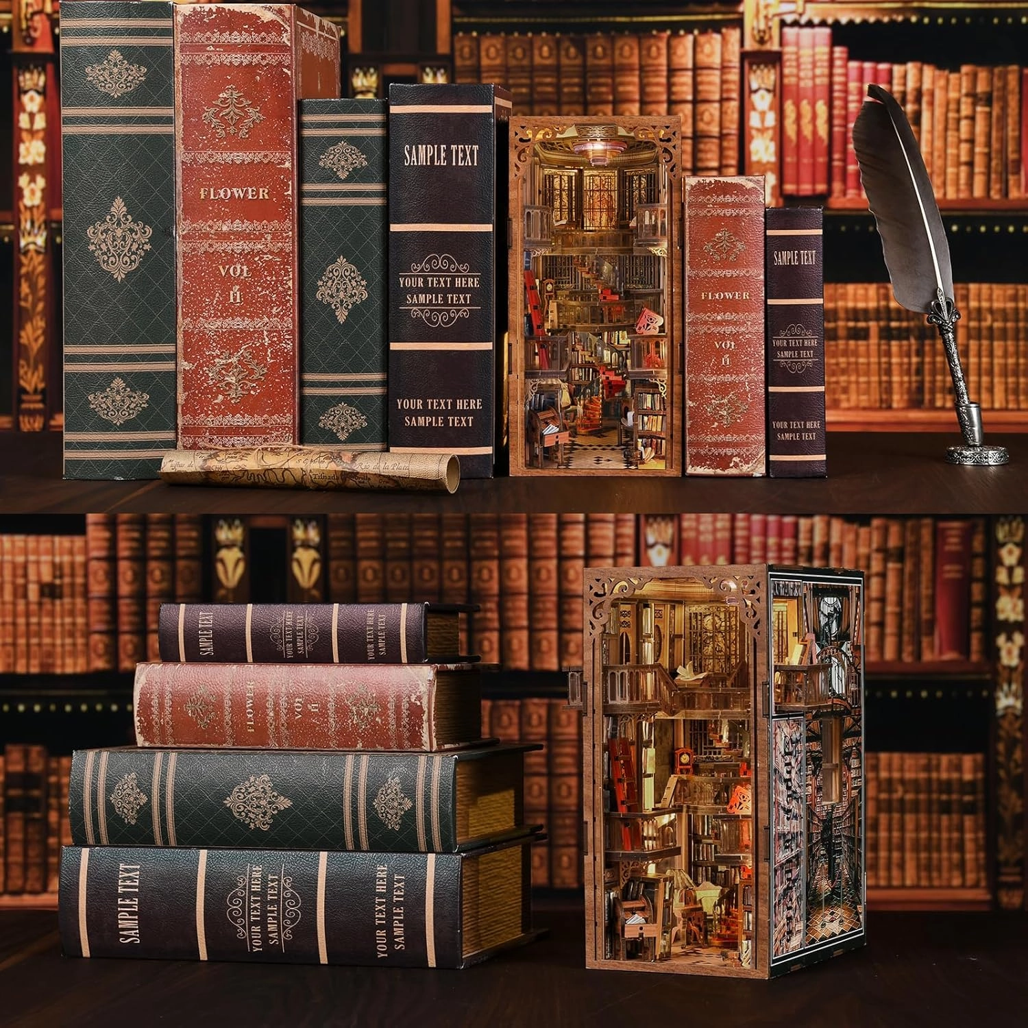 Book Nook Kit, DIY Miniature Dollhouse Booknook Kit, 3D Wooden Puzzle Bookend Bookshelf Insert Decor with LED Light for Teens and Adults (Abbey Library)