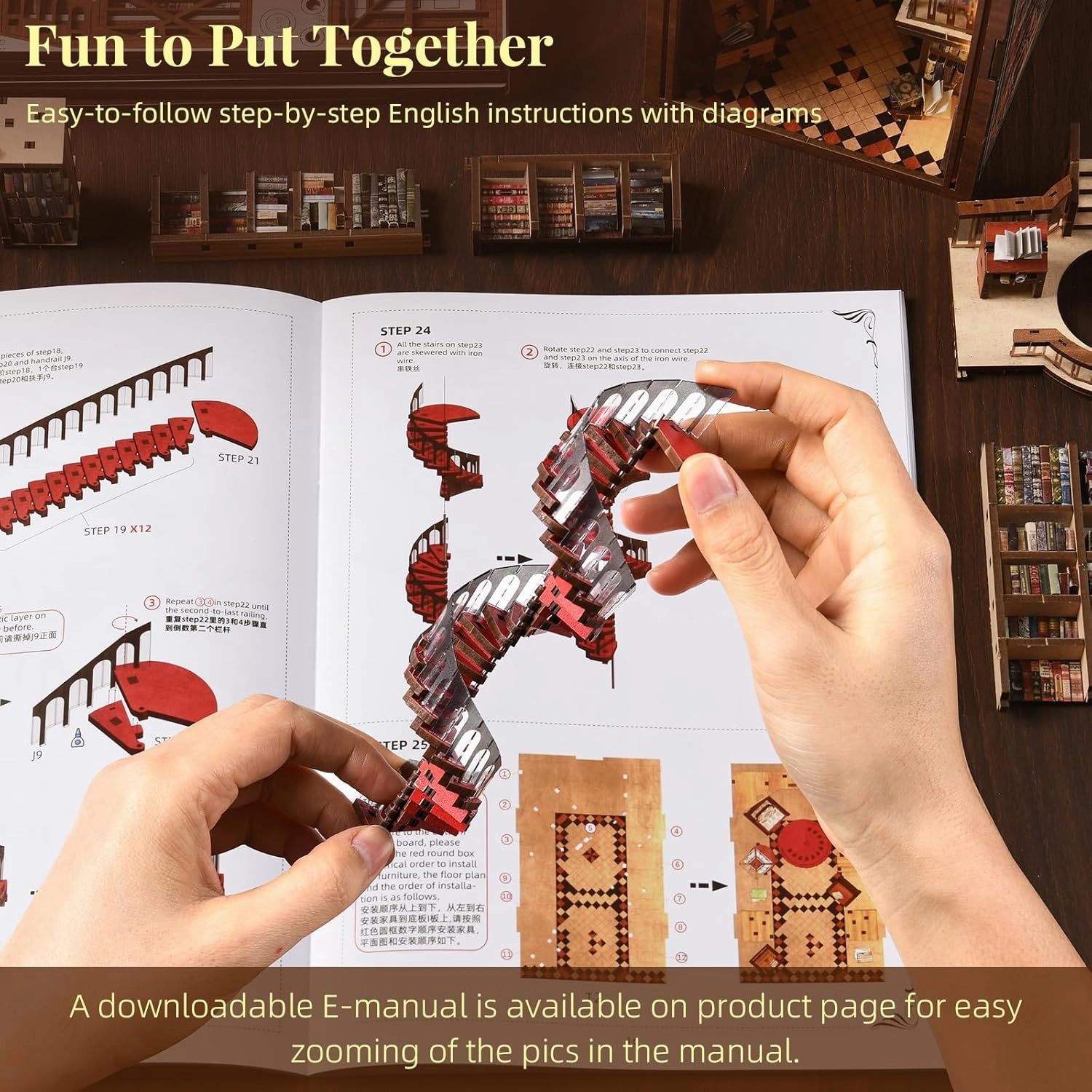 Book Nook Kit, DIY Miniature Dollhouse Booknook Kit, 3D Wooden Puzzle Bookend Bookshelf Insert Decor with LED Light for Teens and Adults (Abbey Library)