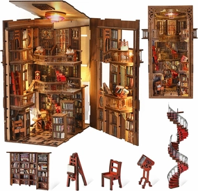 Book Nook Kit, DIY Miniature Dollhouse Booknook Kit, 3D Wooden Puzzle Bookend Bookshelf Insert Decor with LED Light for Teens and Adults (Abbey Library)