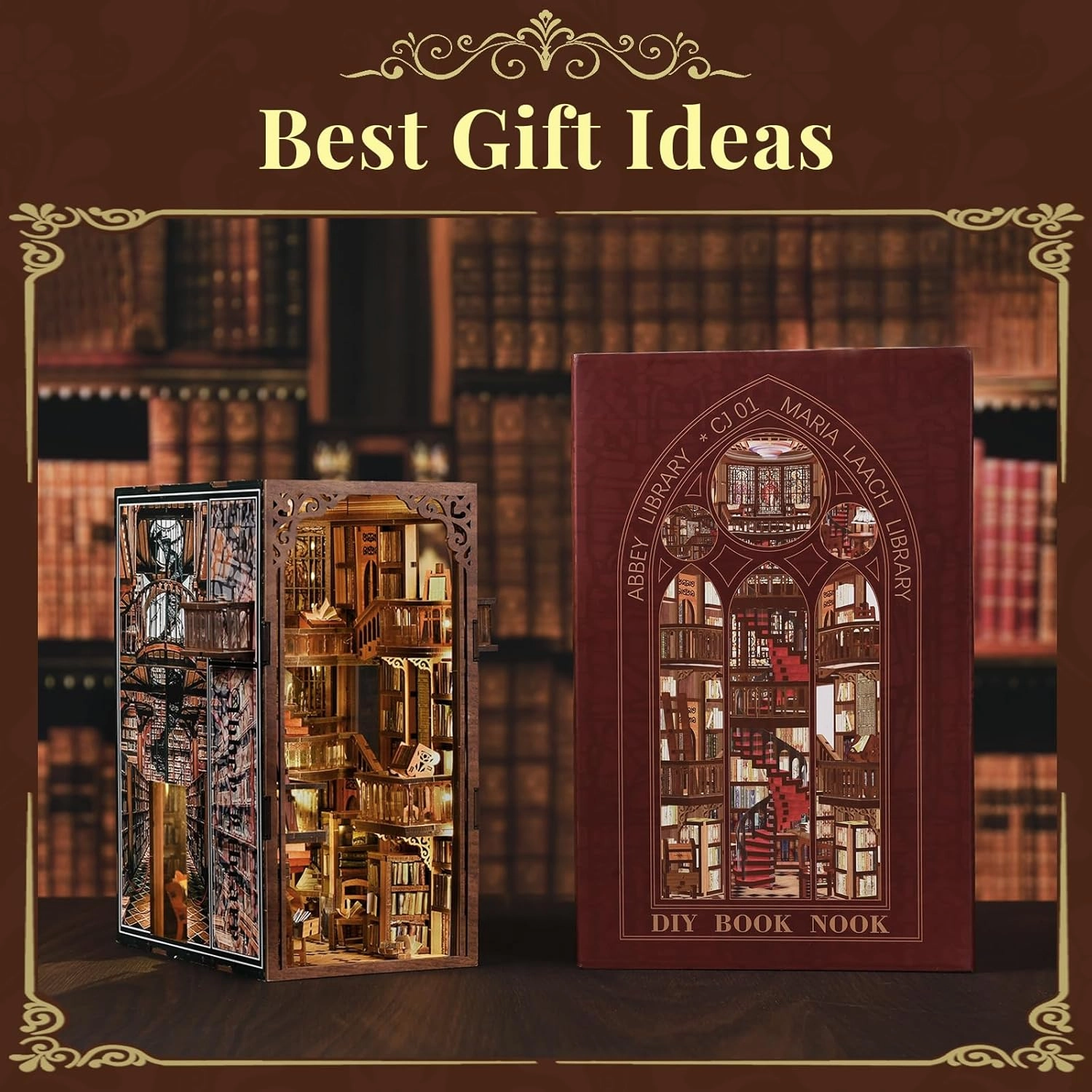Book Nook Kit, DIY Miniature Dollhouse Booknook Kit, 3D Wooden Puzzle Bookend Bookshelf Insert Decor with LED Light for Teens and Adults (Abbey Library)