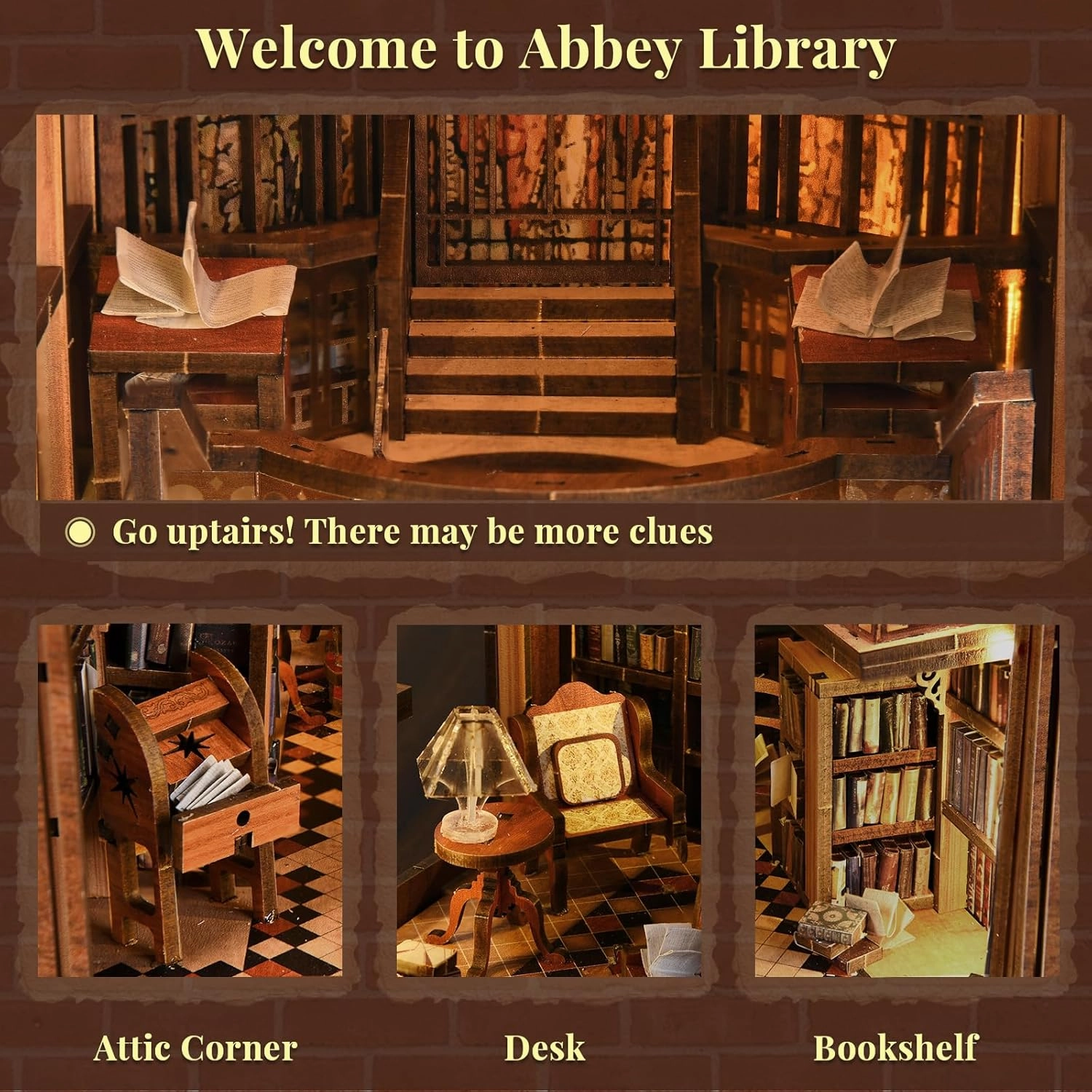 Book Nook Kit, DIY Miniature Dollhouse Booknook Kit, 3D Wooden Puzzle Bookend Bookshelf Insert Decor with LED Light for Teens and Adults (Abbey Library)