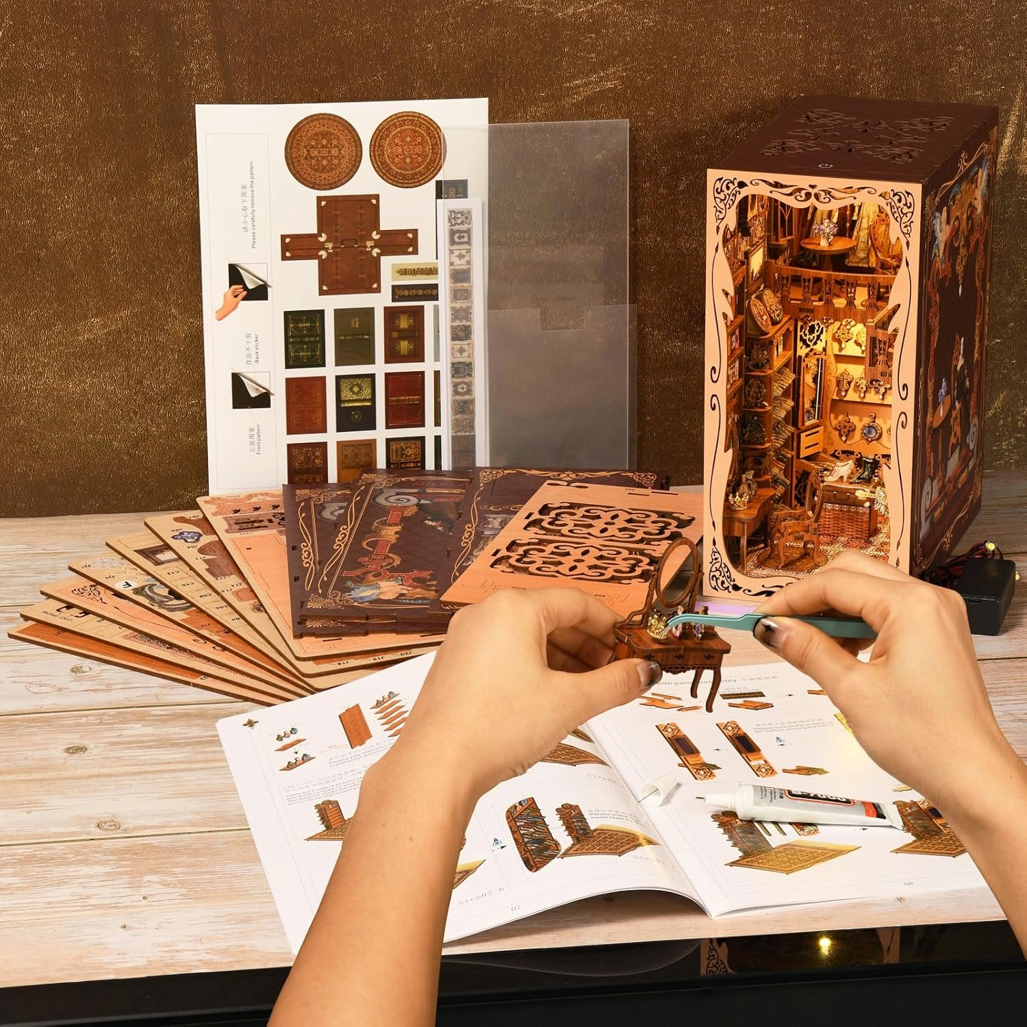 Book Nook Kit, DIY Miniature Dollhouse Booknook Kit, 3D Wooden Puzzle Bookend Bookshelf Insert Decor with LED Light for Teens and Adults (Duchess's Cloakroom)