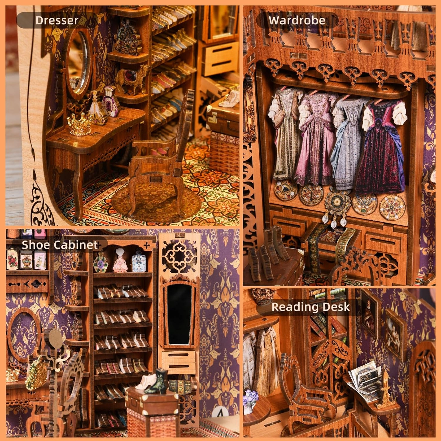 Book Nook Kit, DIY Miniature Dollhouse Booknook Kit, 3D Wooden Puzzle Bookend Bookshelf Insert Decor with LED Light for Teens and Adults (Duchess's Cloakroom)