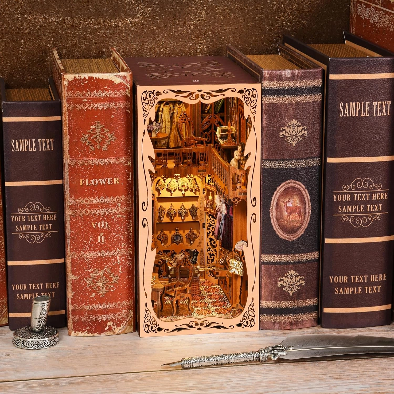 Book Nook Kit, DIY Miniature Dollhouse Booknook Kit, 3D Wooden Puzzle Bookend Bookshelf Insert Decor with LED Light for Teens and Adults (Duchess's Cloakroom)