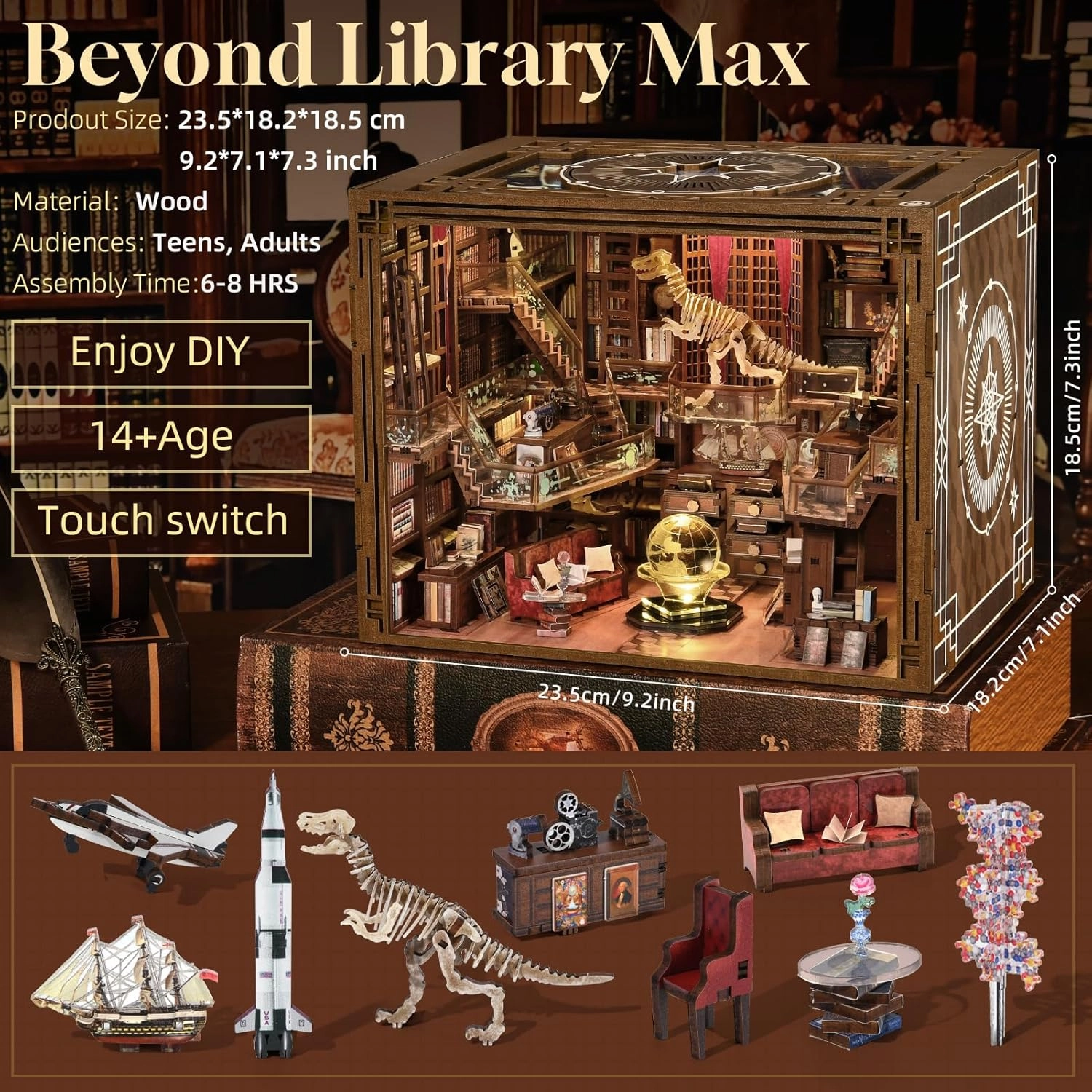 Book Nook Kit, DIY Miniature Dollhouse Booknook Kit with Led Light and Dust Cover (Beyond Library Max)