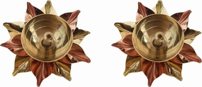Brass Diyas Pack of 2 for Pooja Virgin Brass Indian Diya Set Oil lamp Sets for Gifting Home Decor to be Used with Cotton Wick or moli (Kamaldeep Set)