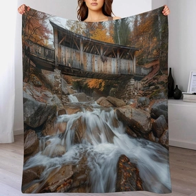 Bridge Forest Flannel Throw Blanket, Soft Cozy Warm Fleece Autumn Rustic Tree Jungle Stream Blanket for Couch Sofa Bed, 30x40 Inch