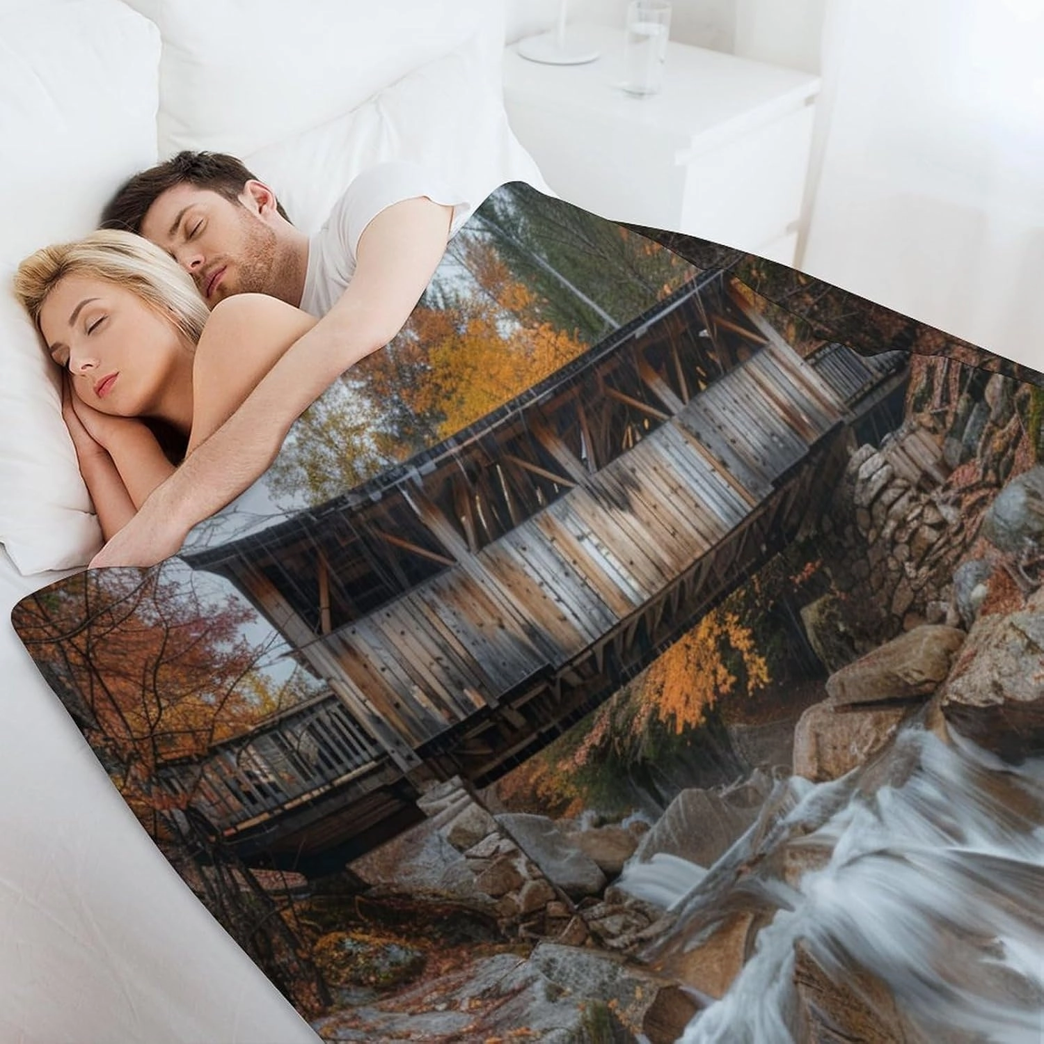 Bridge Forest Flannel Throw Blanket, Soft Cozy Warm Fleece Autumn Rustic Tree Jungle Stream Blanket for Couch Sofa Bed, 30x40 Inch