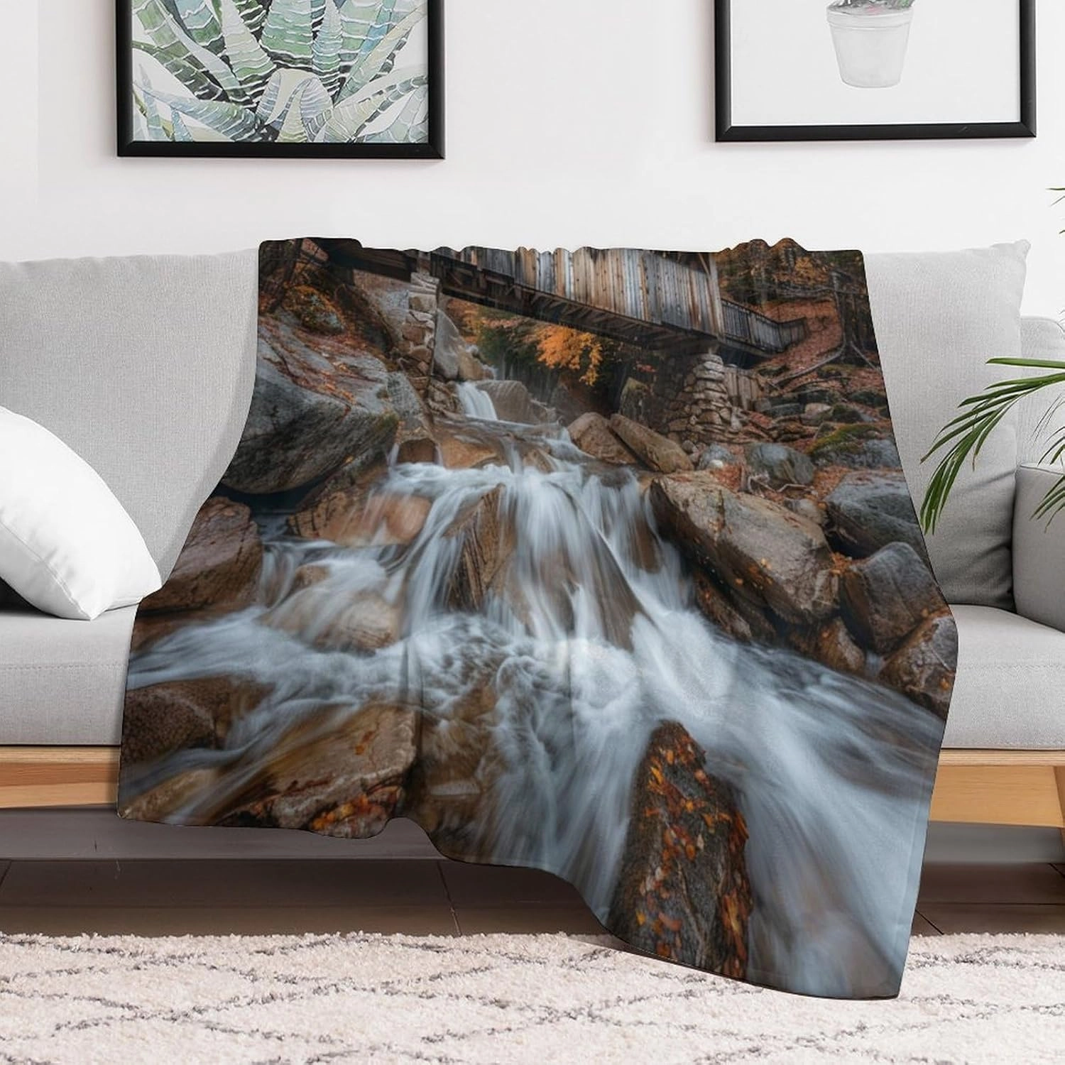 Bridge Forest Flannel Throw Blanket, Soft Cozy Warm Fleece Autumn Rustic Tree Jungle Stream Blanket for Couch Sofa Bed, 30x40 Inch