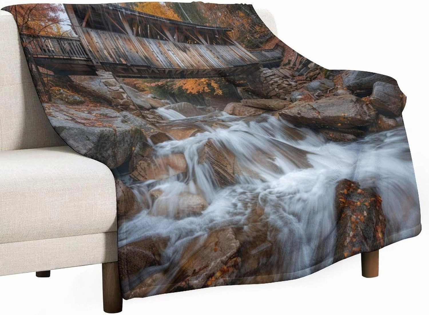 Bridge Forest Flannel Throw Blanket, Soft Cozy Warm Fleece Autumn Rustic Tree Jungle Stream Blanket for Couch Sofa Bed, 30x40 Inch