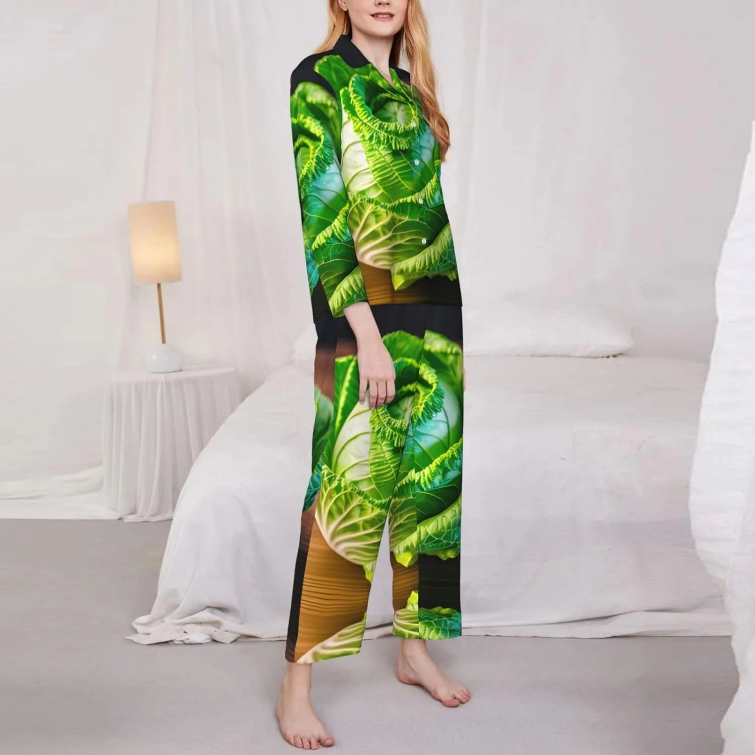 Bright Cabbage print Pajamas Set Comfy 2 Piece Sleepwear Lounge Set Long Sleeve Sleepwear Night Wear