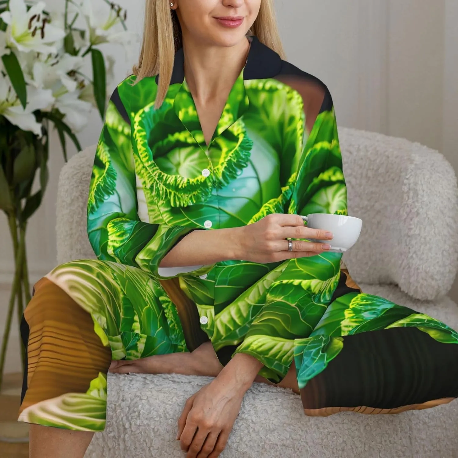 Bright Cabbage print Pajamas Set Comfy 2 Piece Sleepwear Lounge Set Long Sleeve Sleepwear Night Wear