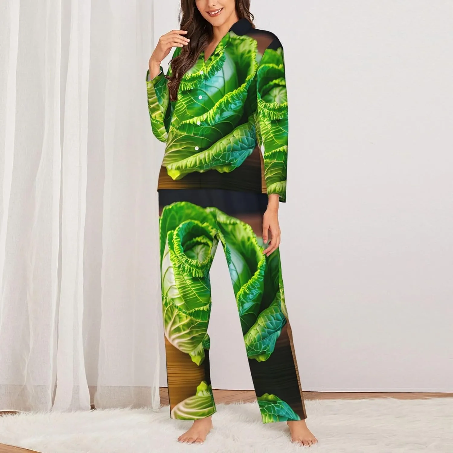 Bright Cabbage print Pajamas Set Comfy 2 Piece Sleepwear Lounge Set Long Sleeve Sleepwear Night Wear