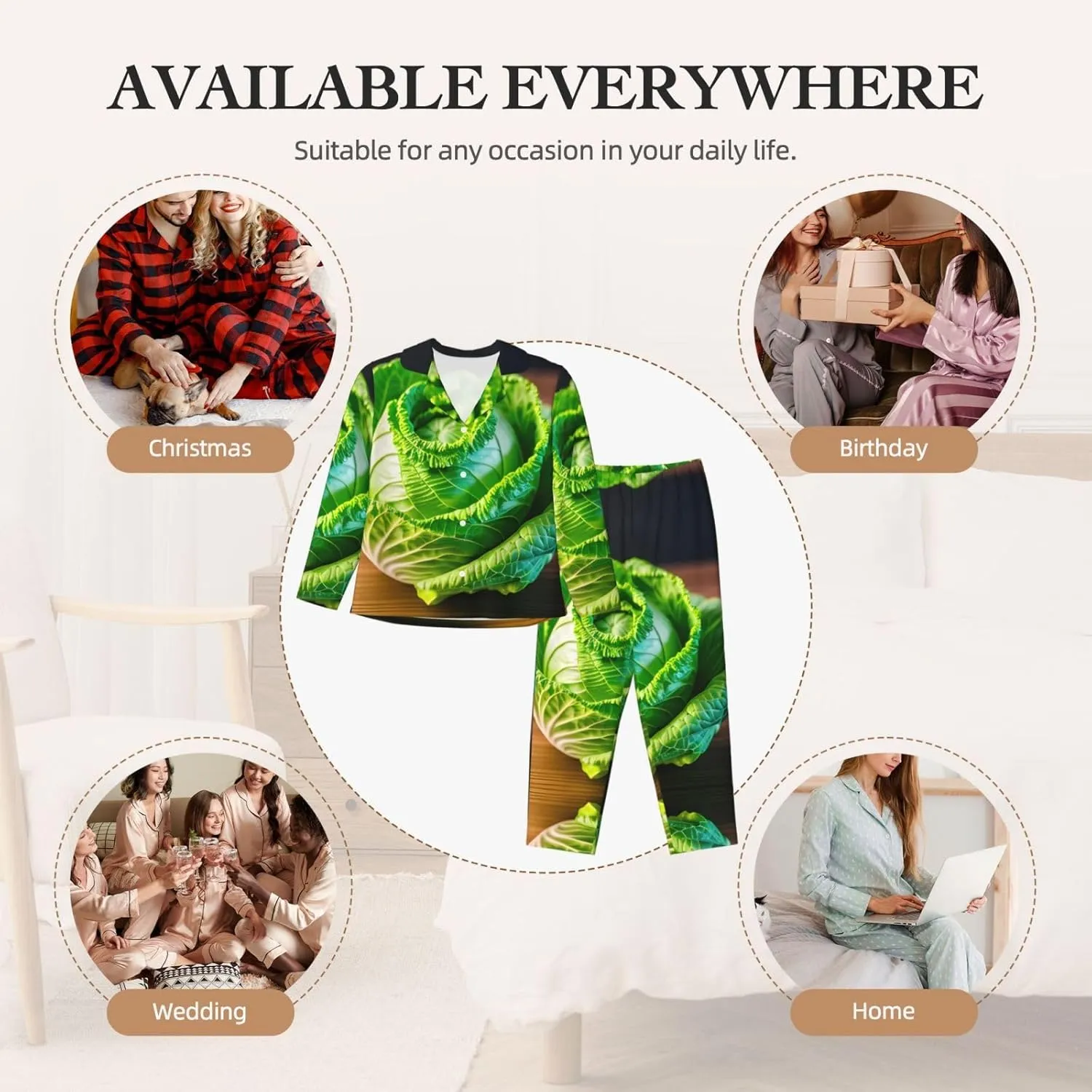Bright Cabbage print Pajamas Set Comfy 2 Piece Sleepwear Lounge Set Long Sleeve Sleepwear Night Wear