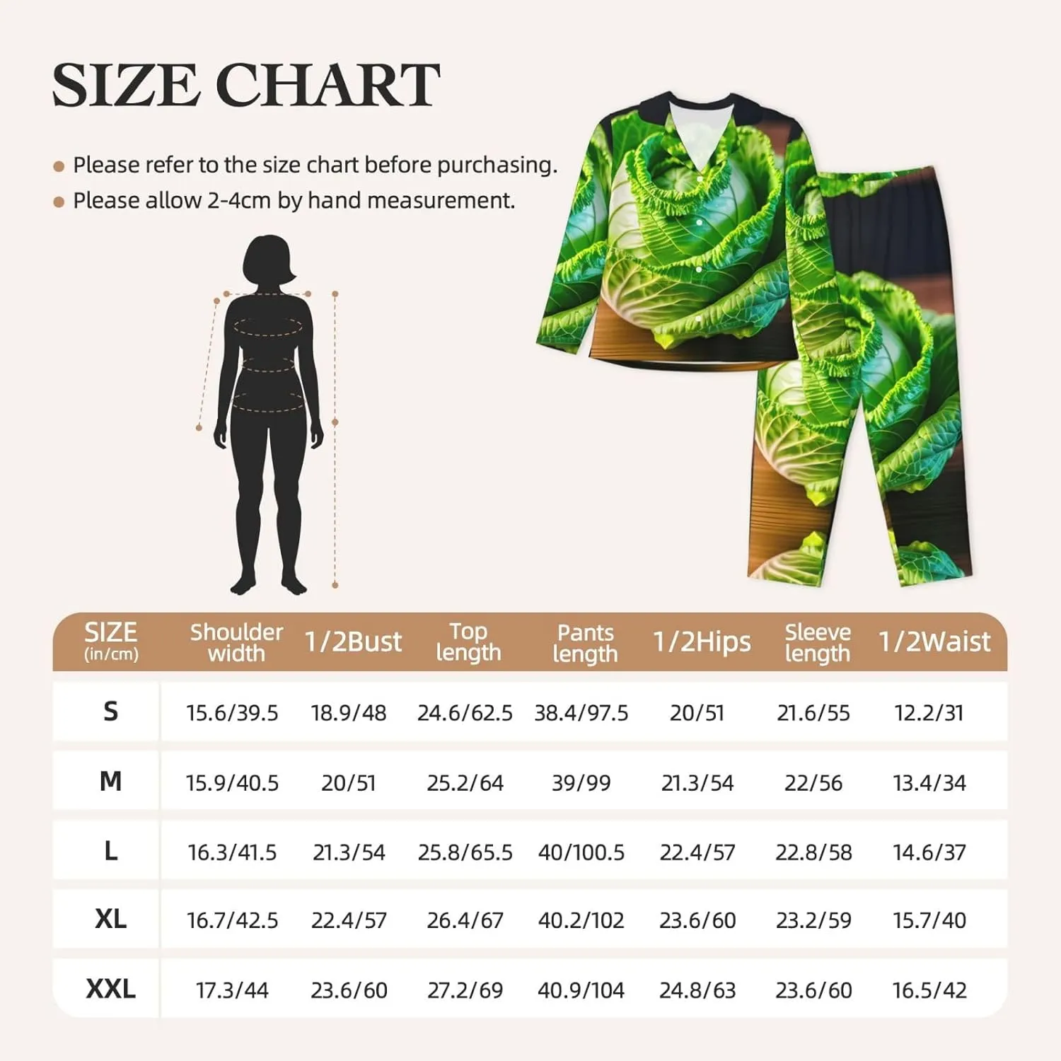 Bright Cabbage print Pajamas Set Comfy 2 Piece Sleepwear Lounge Set Long Sleeve Sleepwear Night Wear