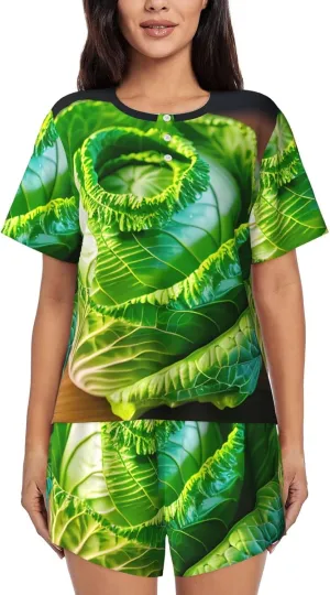 Bright Cabbage Print Two Short Sleeved Casual Womens Pajama Set 2 Piece Sleep Sets For Four Seasons
