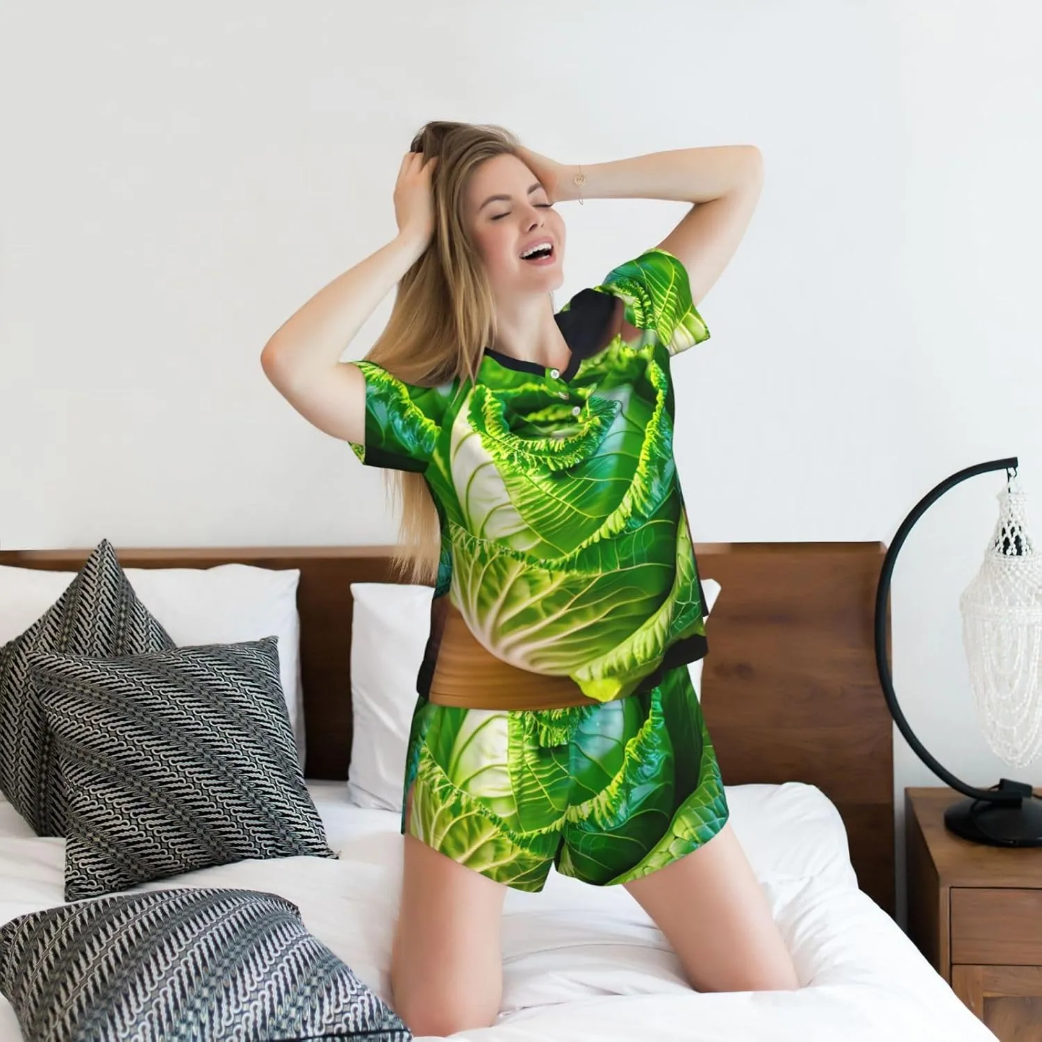 Bright Cabbage Print Two Short Sleeved Casual Womens Pajama Set 2 Piece Sleep Sets For Four Seasons