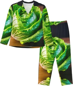 Bright Cabbage print Women Pajama Set Fashion Long-Sleeve Shirt and Full-Length Bottom Pajama Set for Women