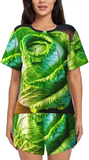 Bright Cabbage Print women's casual round neck short sleeve pajama set,Relaxed Lounge Sets(S-4XL)