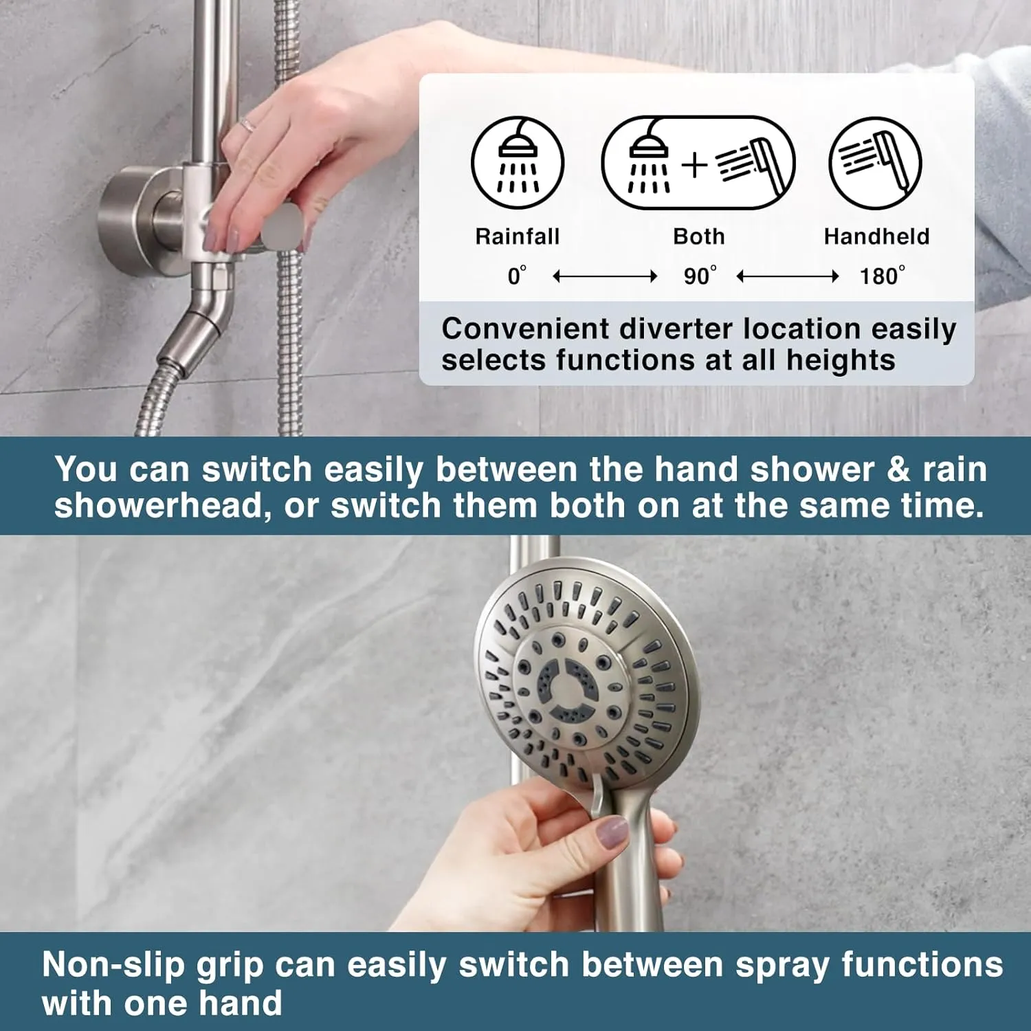BRIGHT SHOWERS Rain System Including 9 Inch Rainfall shower head and Handheld with Height Adjustable Holder, Solid Brass Rail and 60 Inch Long Stainless Steel Shower Hose