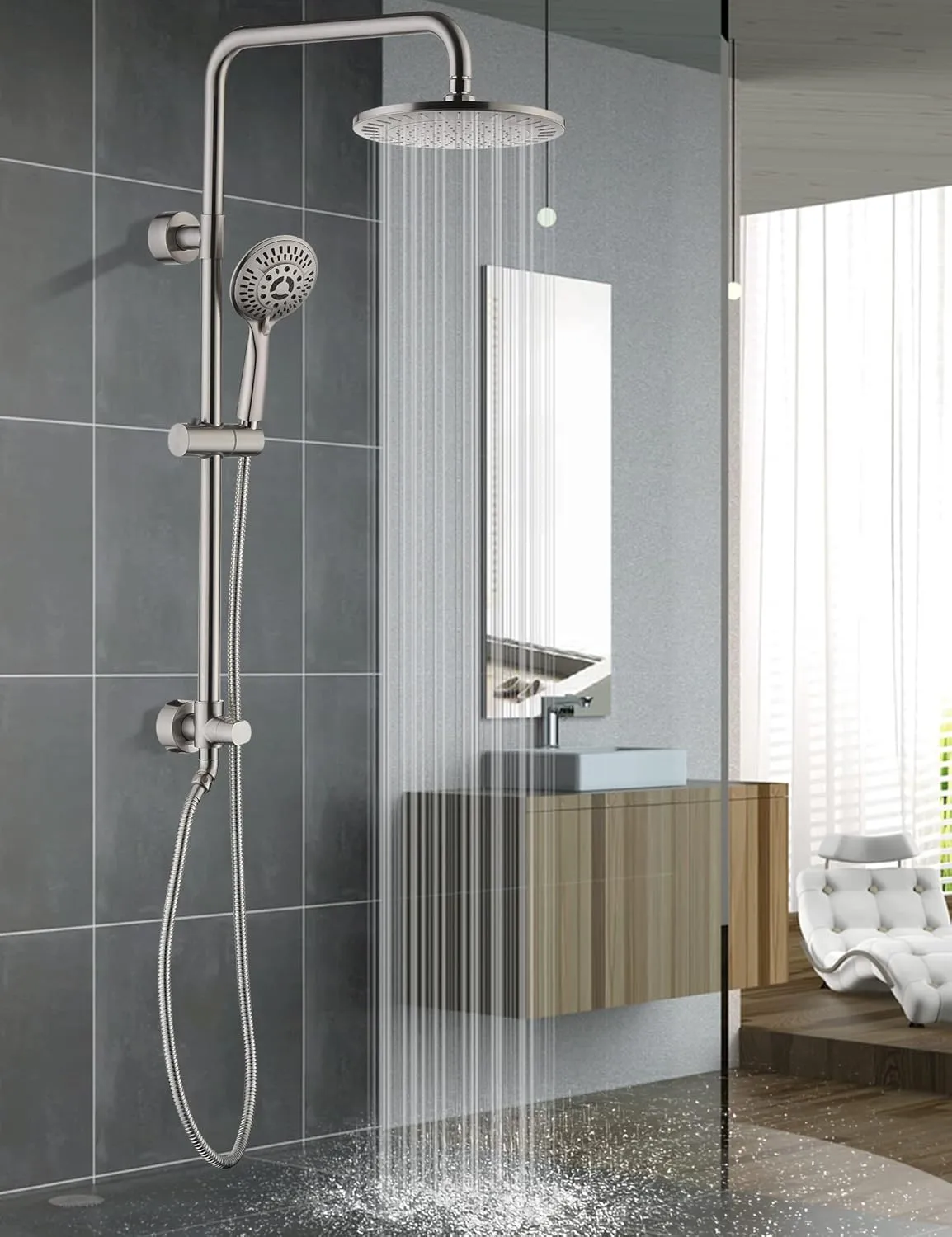 BRIGHT SHOWERS Rain System Including 9 Inch Rainfall shower head and Handheld with Height Adjustable Holder, Solid Brass Rail and 60 Inch Long Stainless Steel Shower Hose