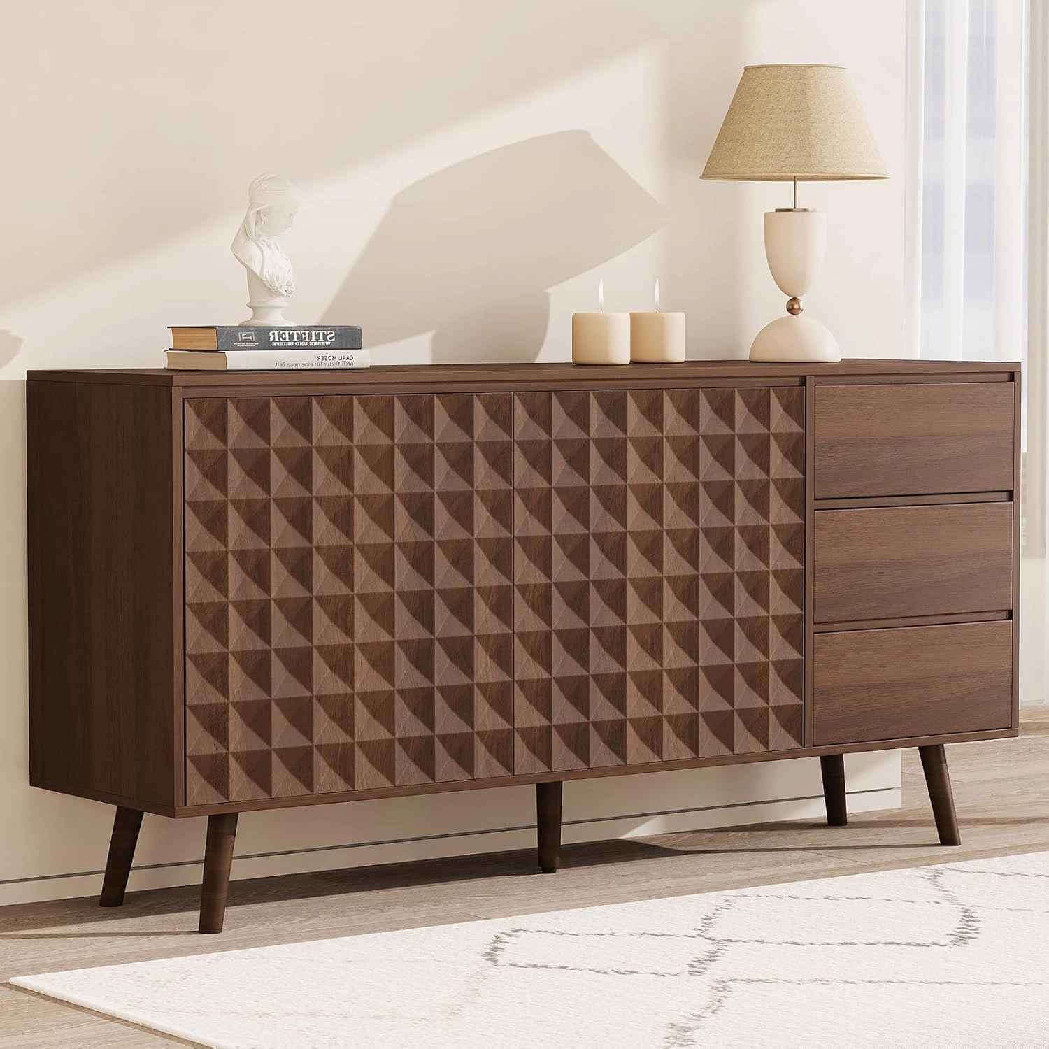 Buffet Cabinet with Storage, 59.76" Large Buffet Storage, Kitchen Cabinet with 2 Doors and 3 Drawers, Diamond Shaped Credenza, 59.76" x 15.67" x 29.53" (2 Doors with 3 Drawers Walnut)