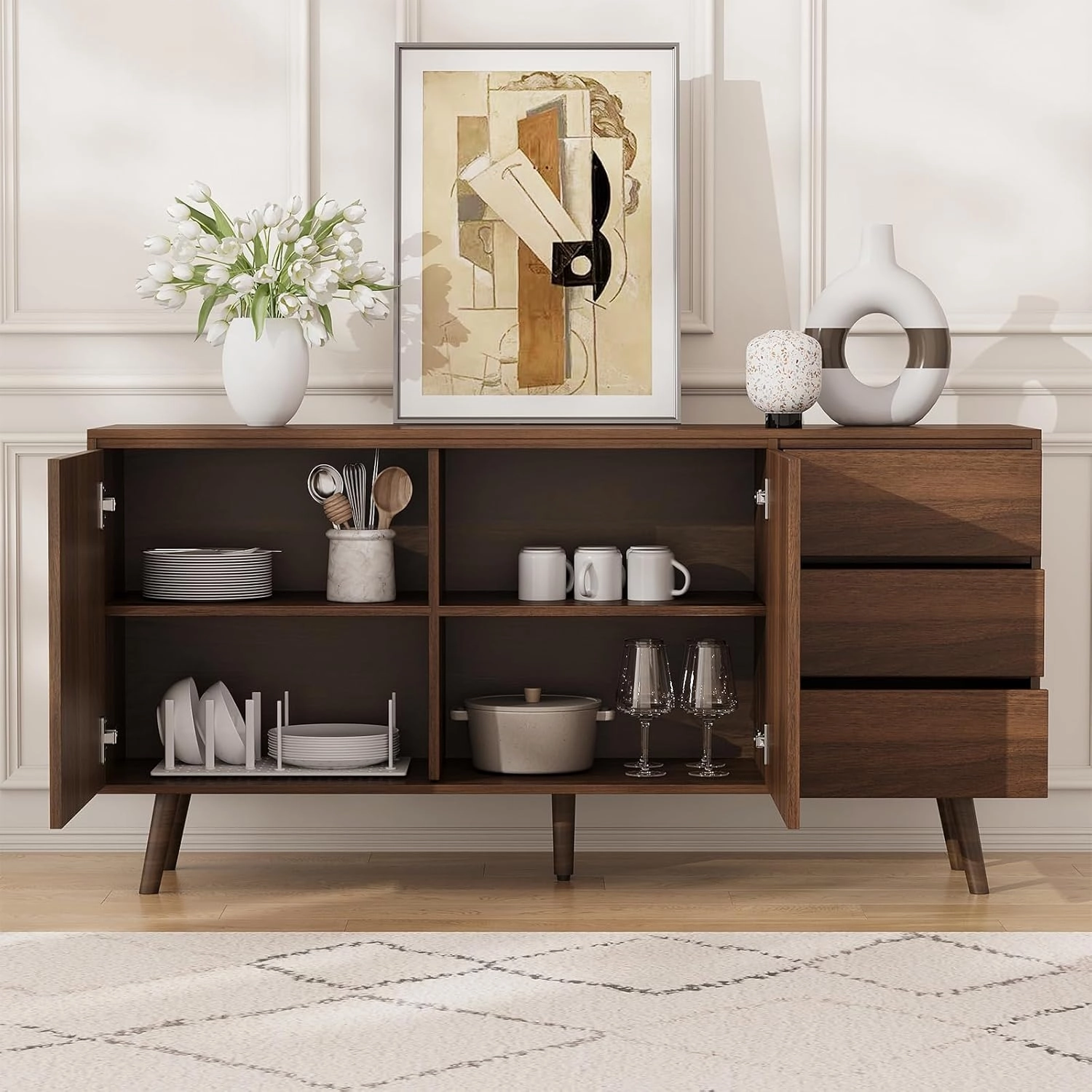 Buffet Cabinet with Storage, 59.76" Large Buffet Storage, Kitchen Cabinet with 2 Doors and 3 Drawers, Diamond Shaped Credenza, 59.76" x 15.67" x 29.53" (2 Doors with 3 Drawers Walnut)