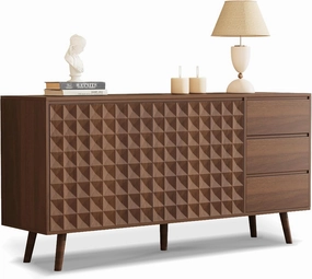 Buffet Cabinet with Storage, 59.76" Large Buffet Storage, Kitchen Cabinet with 2 Doors and 3 Drawers, Diamond Shaped Credenza, 59.76" x 15.67" x 29.53" (2 Doors with 3 Drawers Walnut)