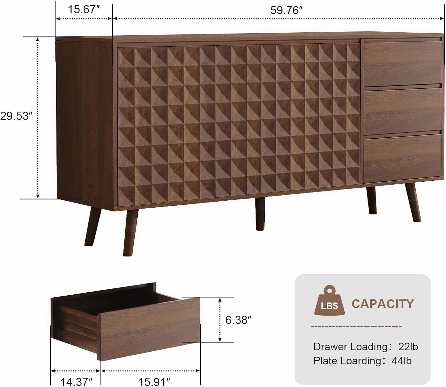 Buffet Cabinet with Storage, 59.76" Large Buffet Storage, Kitchen Cabinet with 2 Doors and 3 Drawers, Diamond Shaped Credenza, 59.76" x 15.67" x 29.53" (2 Doors with 3 Drawers Walnut)