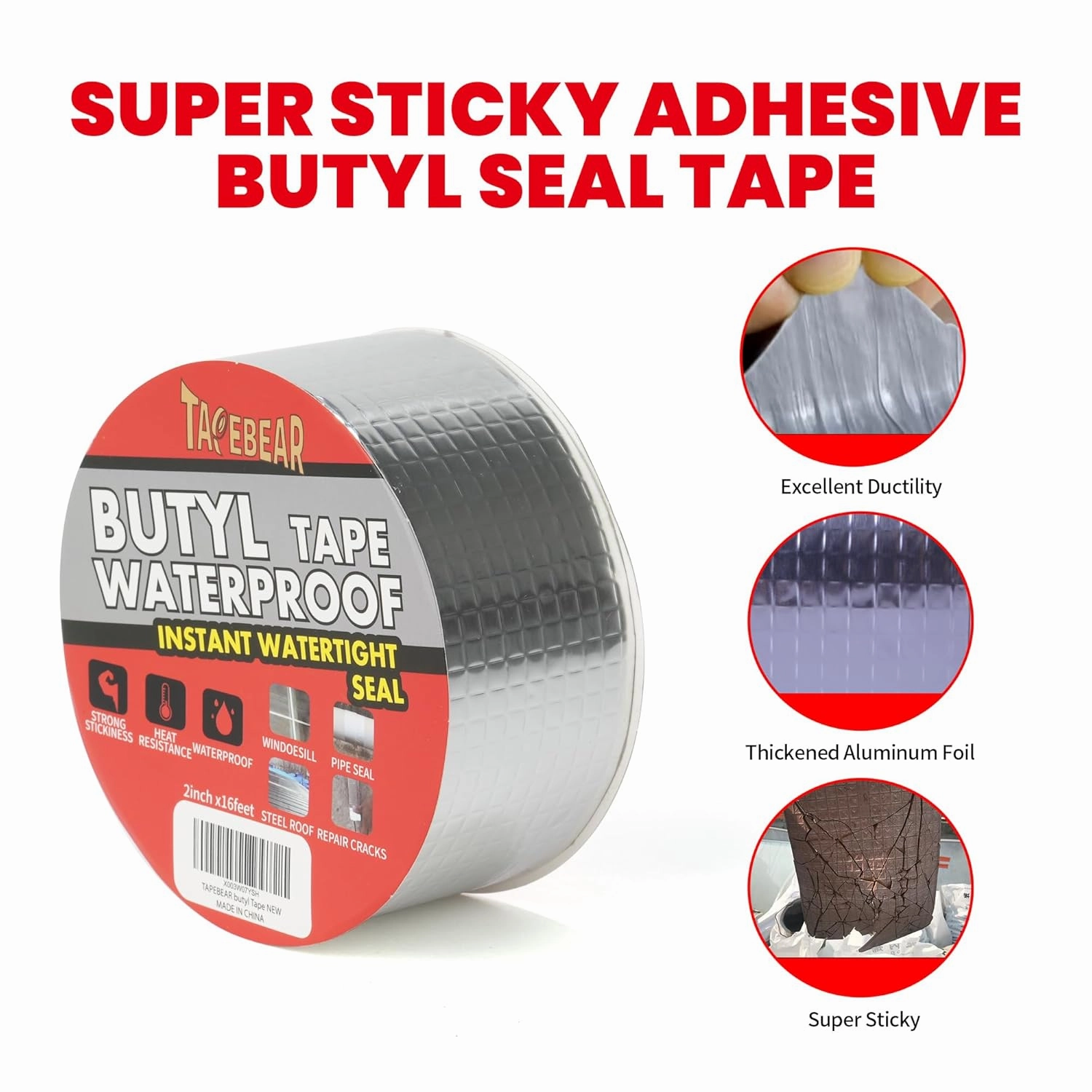 Butyl Tape Waterproof Sealing Tape 2inch x16feet, Upgraded Aluminum Foil Tape Heavy Duty for RV Repair, Awning, Window, Glass & EDPM Roof Leak Patching, Boat and Pipe Sealing, Silver